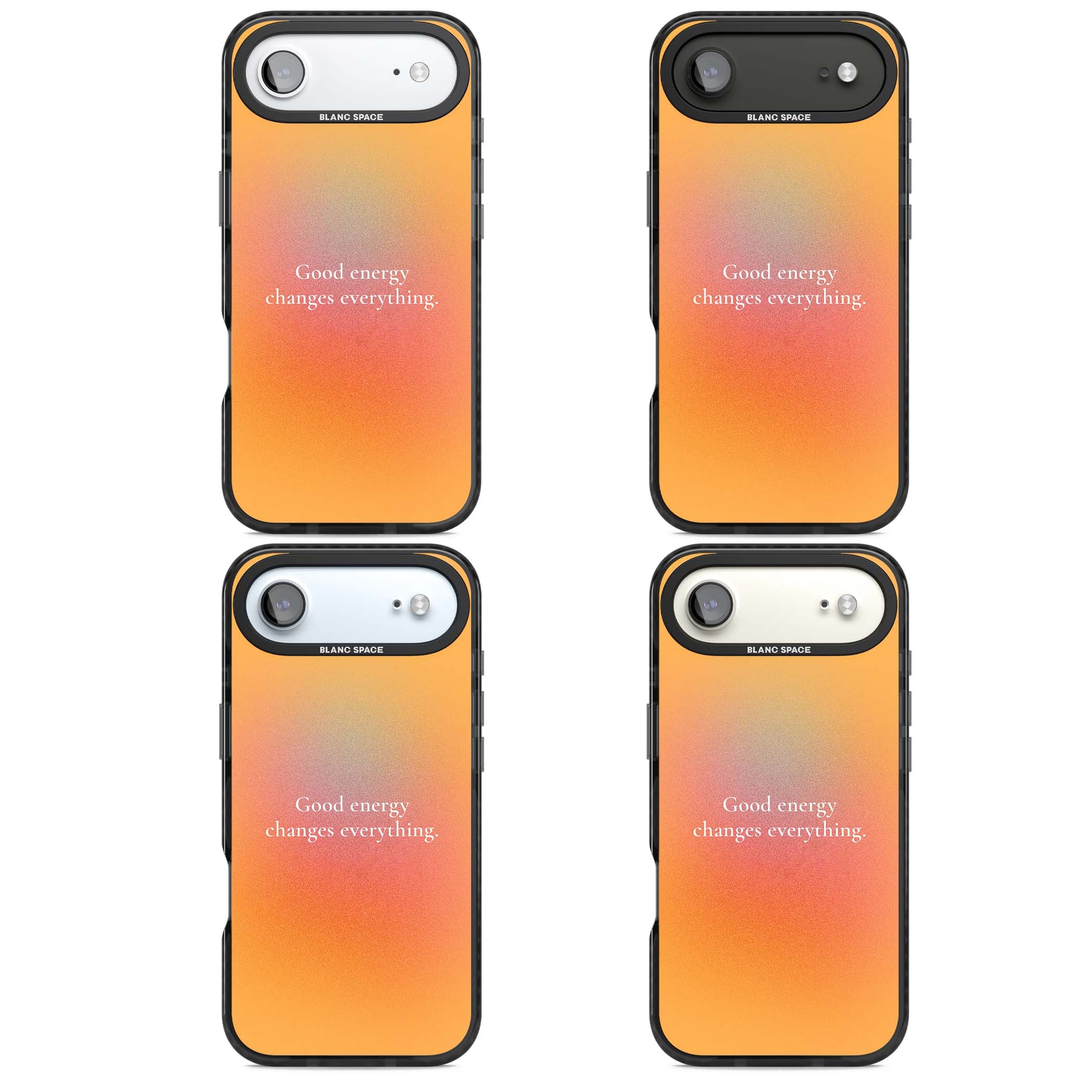 Good Energy quote iPhone case featuring an orange and pink aura gradient with white serif affirmation text | Black Impact Magsafe case for iPhone Air