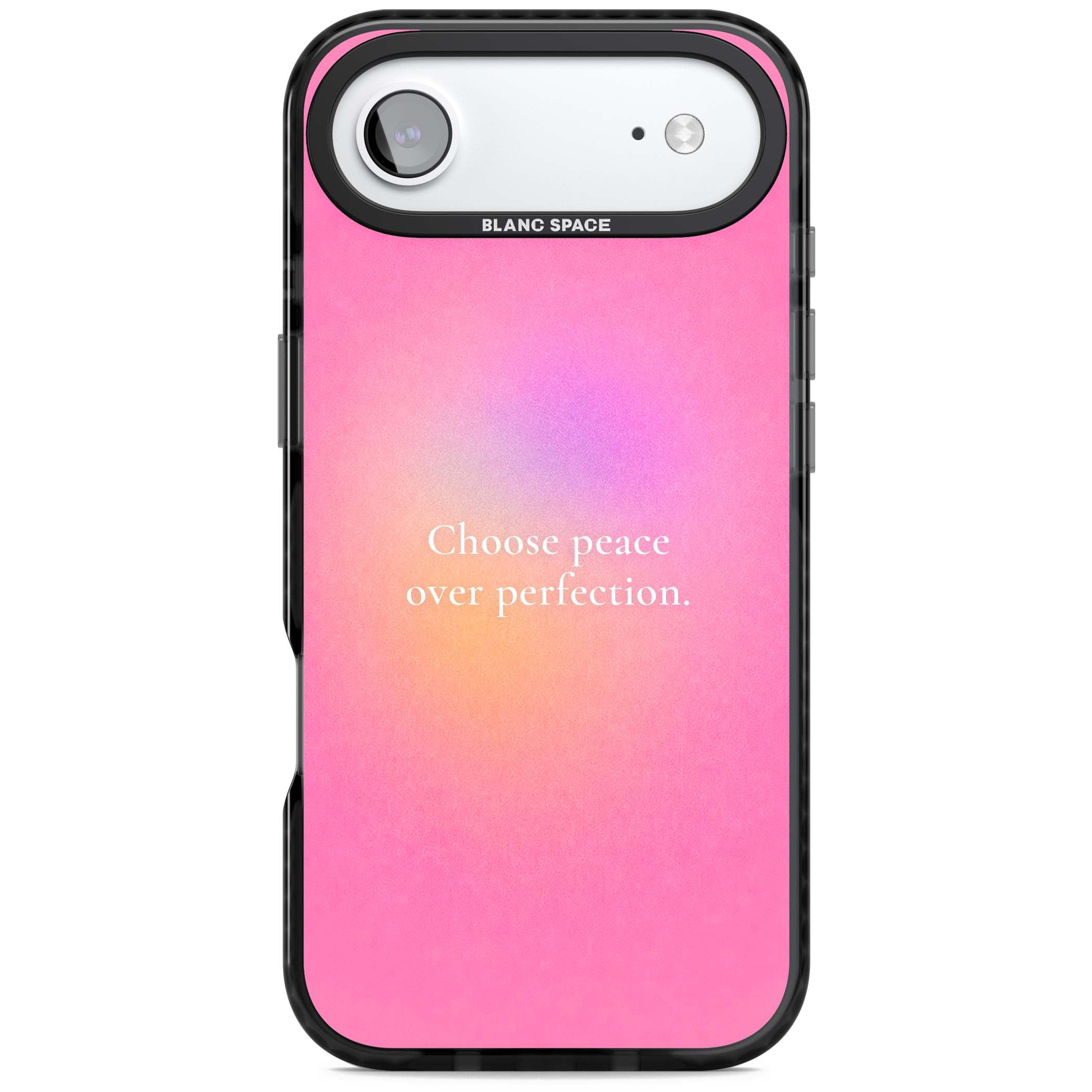 Peace Over Perfection quote iPhone case featuring a dreamy pink aura gradient and delicate white affirmation text | Black Impact Magsafe case for iPhone Air