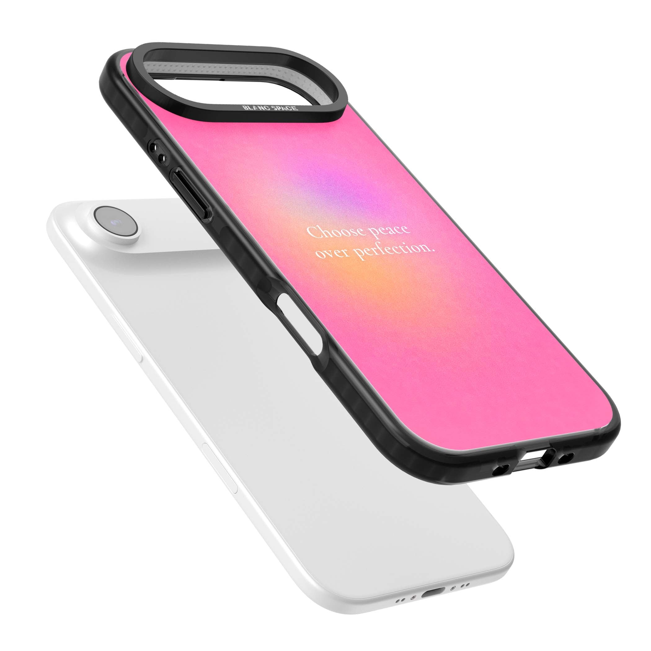 Peace Over Perfection quote iPhone case featuring a dreamy pink aura gradient and delicate white affirmation text | Black Impact Magsafe case for iPhone Air