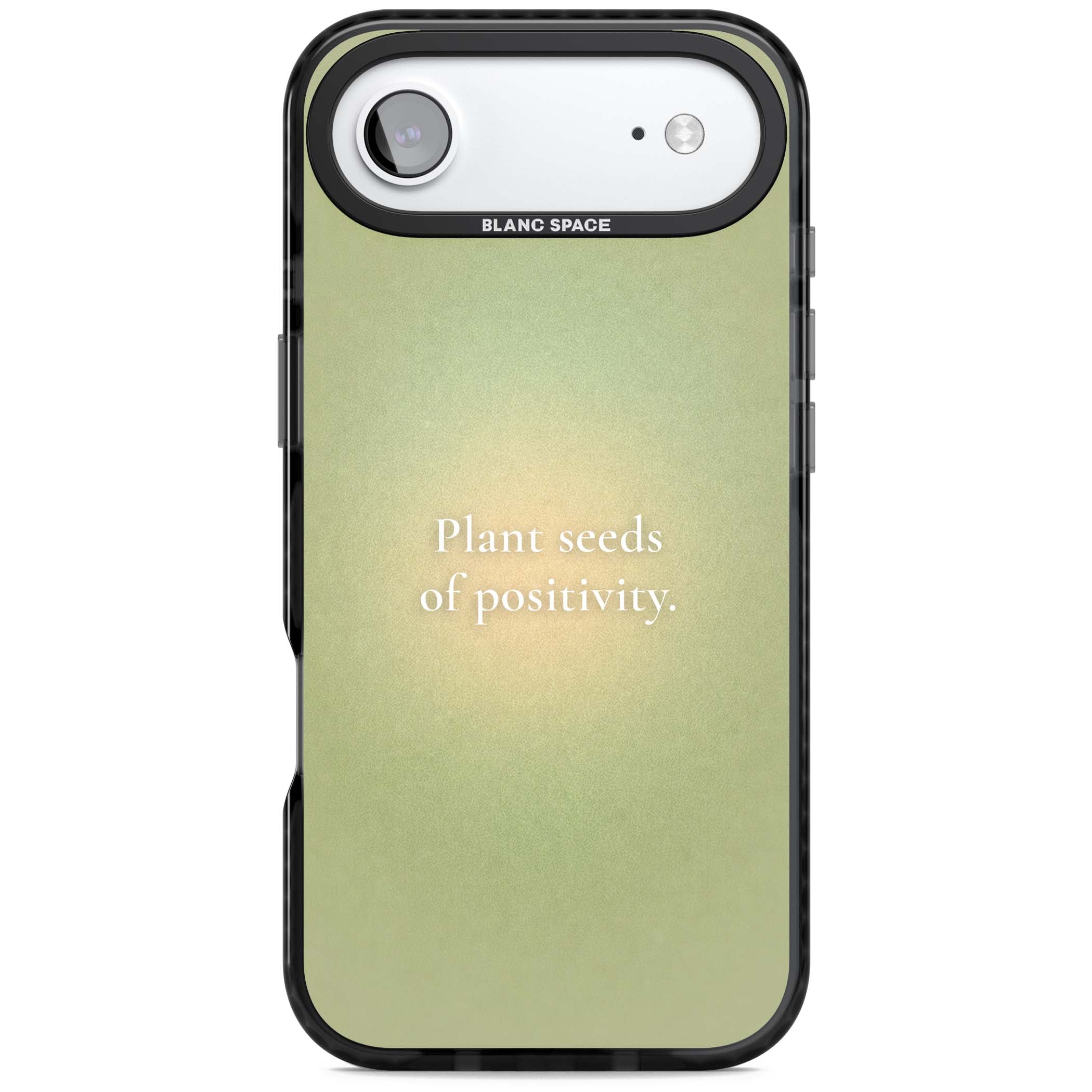 Seeds of Positivity quote iPhone case featuring a sage green aura gradient and golden glow affirmation | Black Impact Magsafe case for iPhone Air