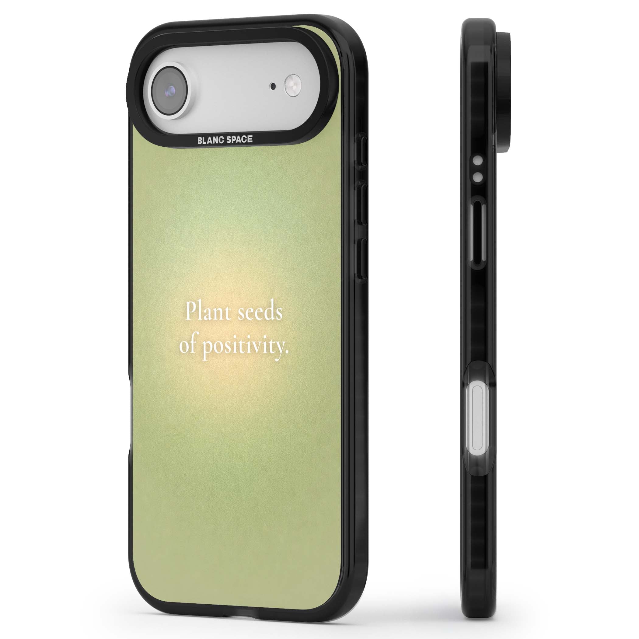 Seeds of Positivity quote iPhone case featuring a sage green aura gradient and golden glow affirmation | Black Impact Magsafe case for iPhone Air