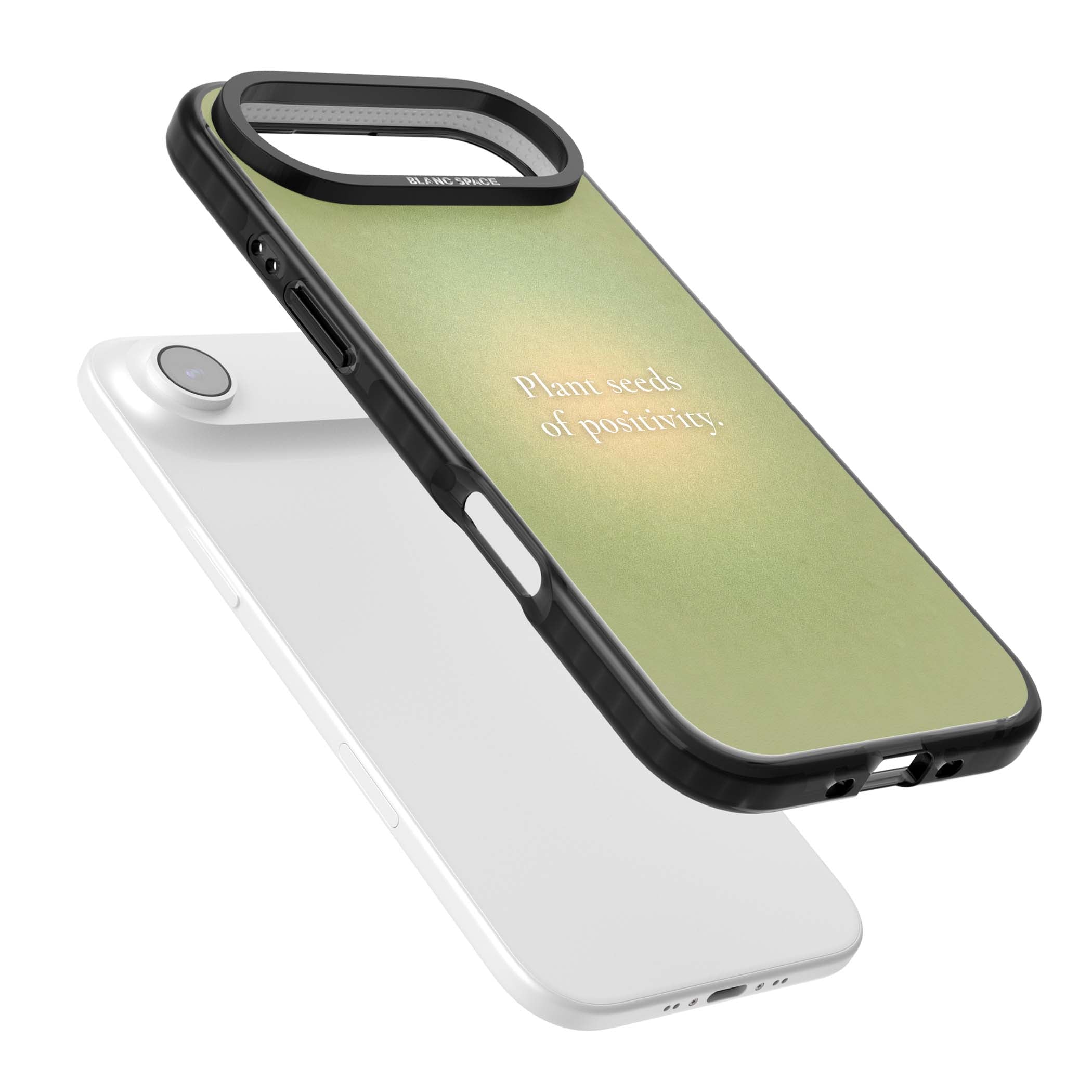 Seeds of Positivity quote iPhone case featuring a sage green aura gradient and golden glow affirmation | Black Impact Magsafe case for iPhone Air
