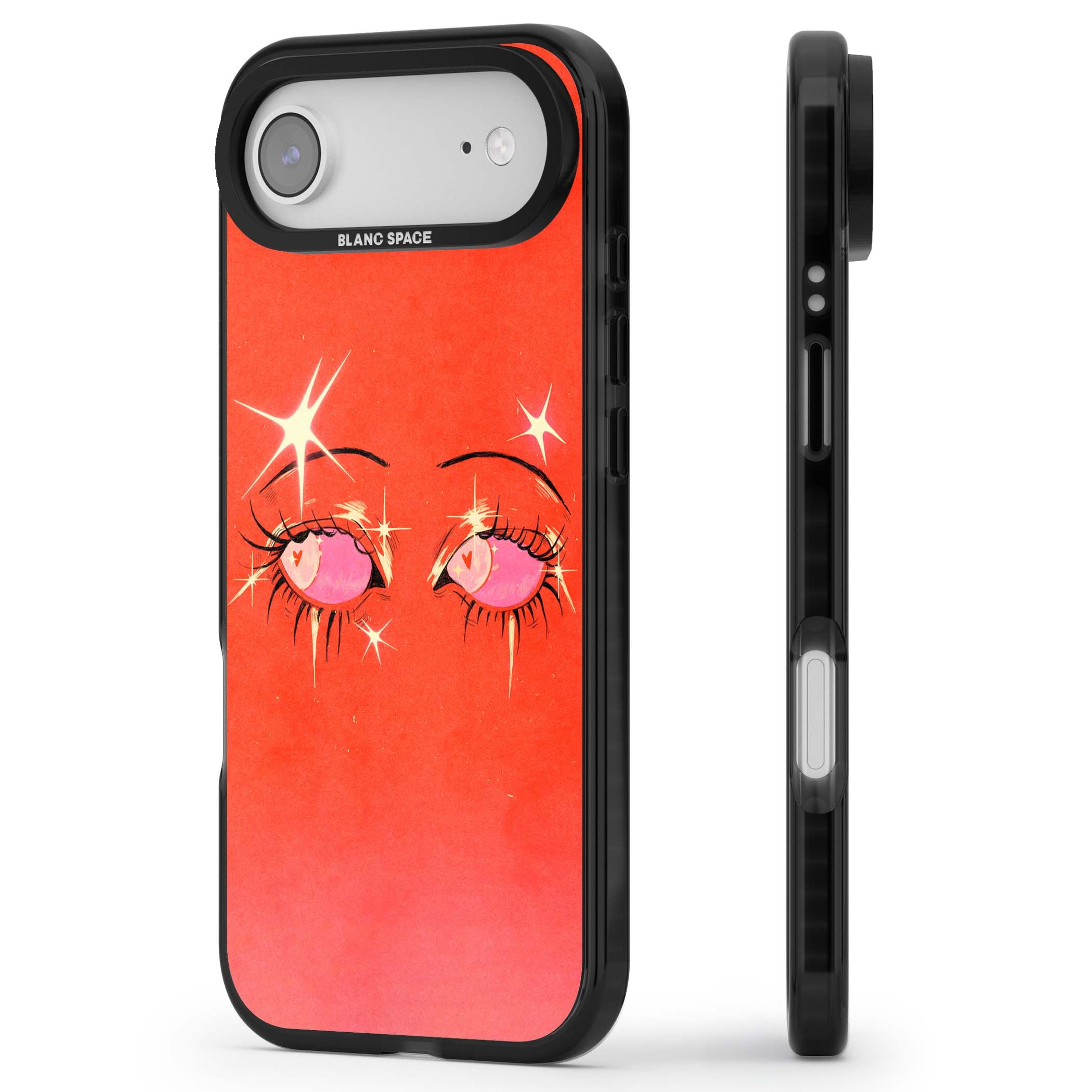 Pink Ethereal Eyes anime iPhone case featuring hand-drawn sparkly eyes with pink hearts and gold stars on red | Black Impact Magsafe case for iPhone Air