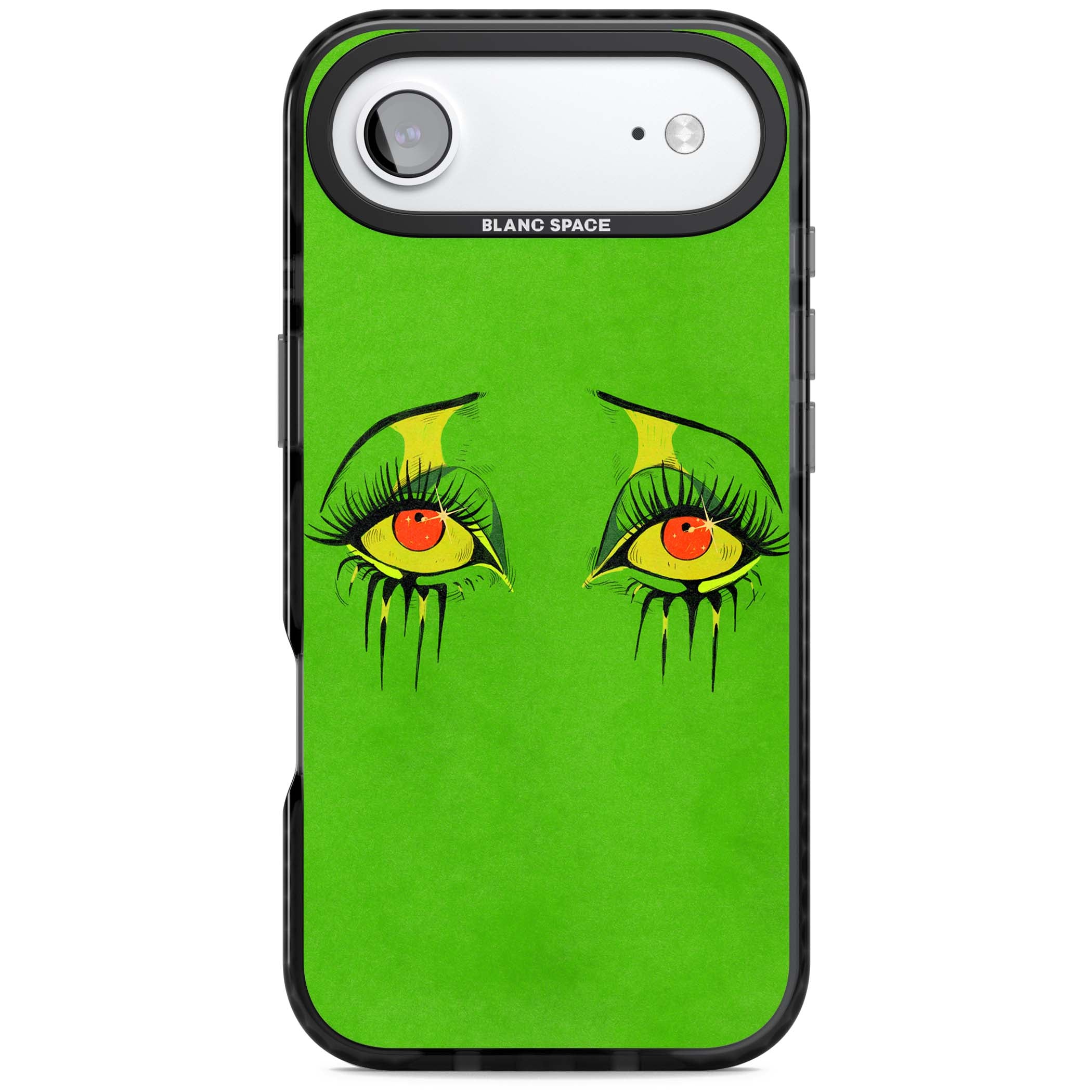 Green Enchanted Eyes psychedelic art iPhone case featuring hand-drawn dripping eyes on neon green background | Black Impact Magsafe case for iPhone Air