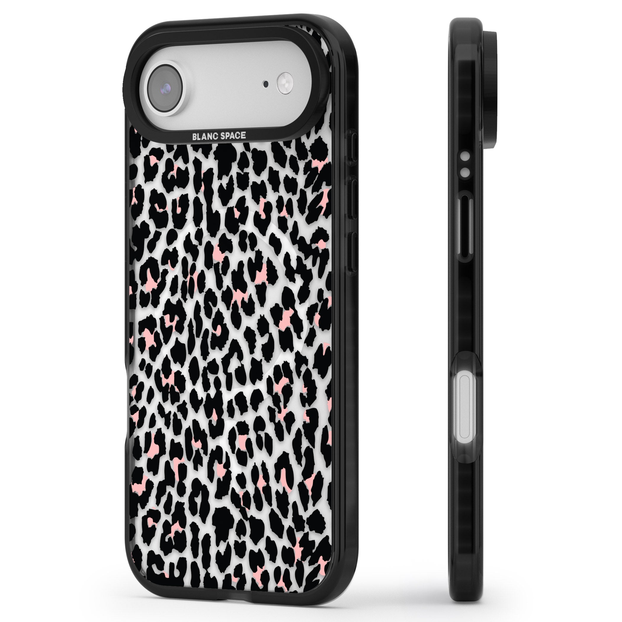 Pink Leopard Print iPhone 17 Air Impact Pro Black Phone Case Side Profile