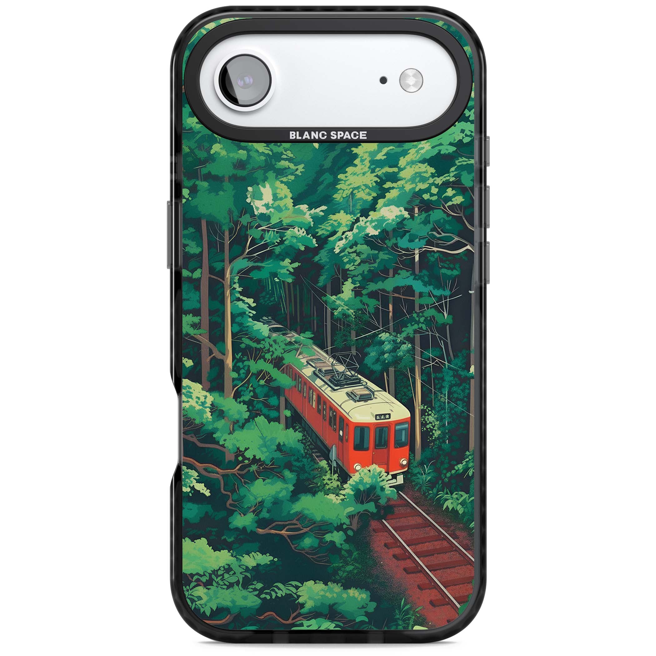 Railway In Toyama Japanese iPhone case featuring a red train, cedar forest and winding mountain railway tracks | Black Impact Magsafe case for iPhone Air