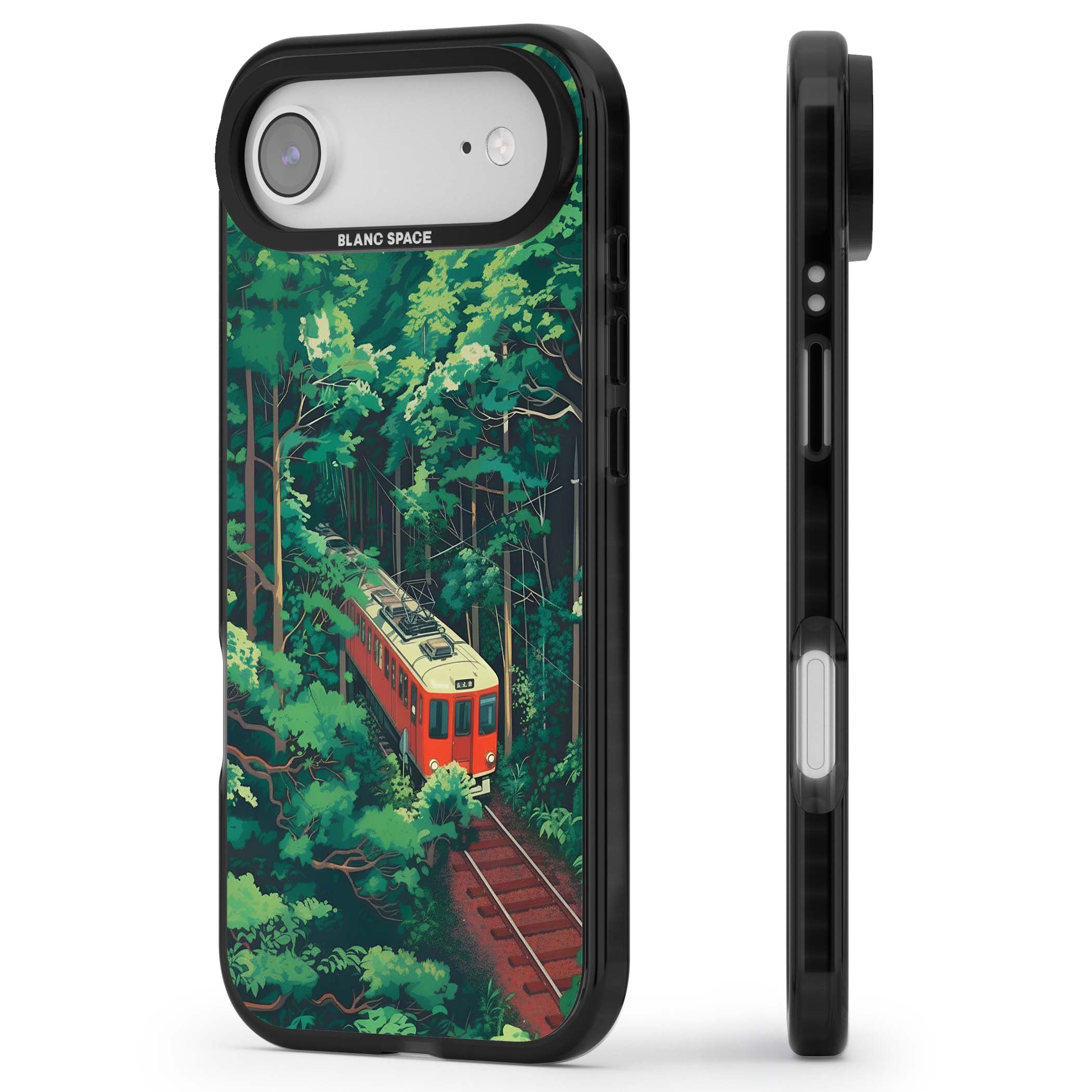 Railway In Toyama Japanese iPhone case featuring a red train, cedar forest and winding mountain railway tracks | Black Impact Magsafe case for iPhone Air