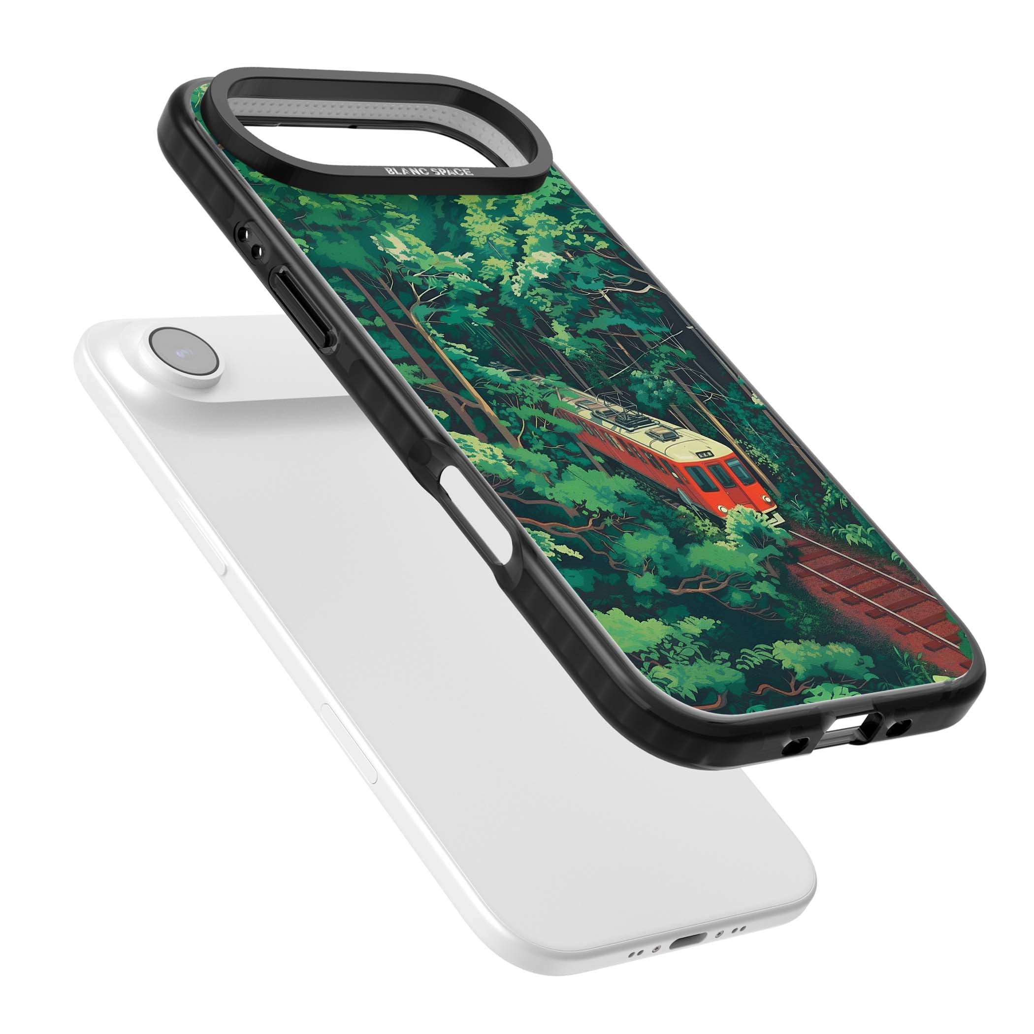 Railway In Toyama Japanese iPhone case featuring a red train, cedar forest and winding mountain railway tracks | Black Impact Magsafe case for iPhone Air