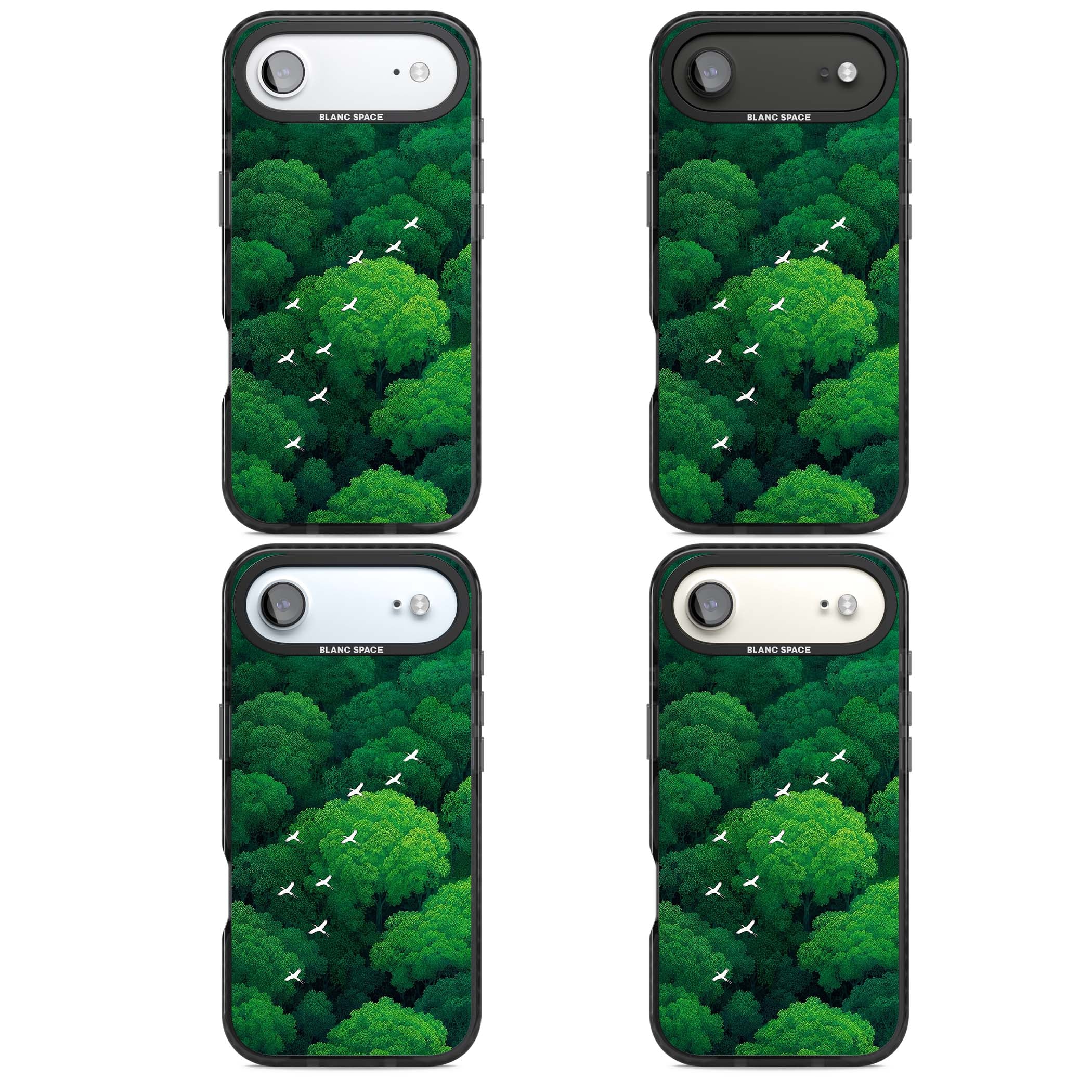 Grove Migration forest iPhone case featuring white cranes flying over lush green treetop canopy | Black Impact Magsafe case for iPhone Air