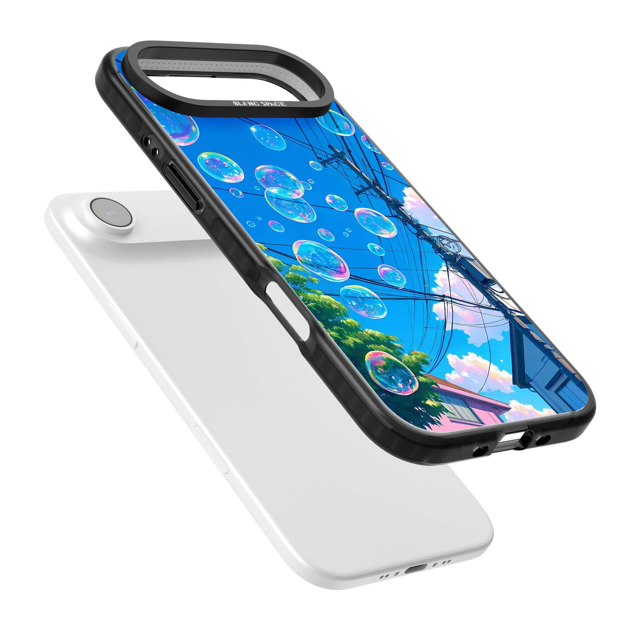 Suburban Bubbles anime iPhone case featuring iridescent soap bubbles, blue sky and Japanese telephone wires | Black Impact Magsafe case for iPhone Air