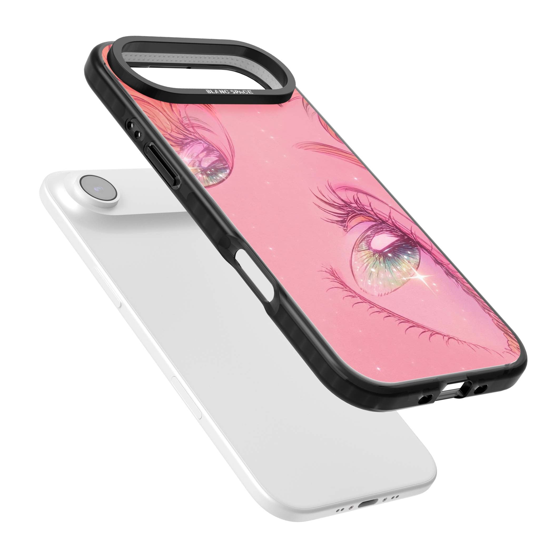 Pink Ethereal Gaze anime iPhone case featuring sparkling manga eyes, coral lashes and dreamy peach sky | Black Impact Magsafe case for iPhone Air