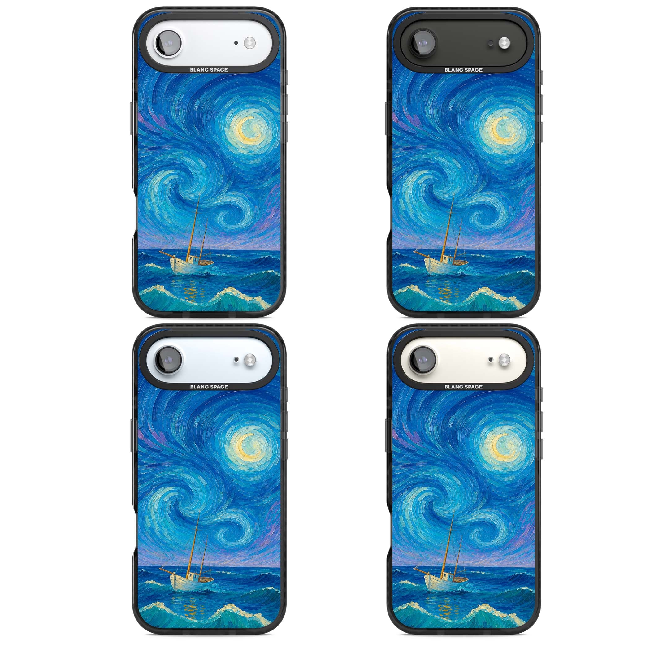 Moonlit Tide Van Gogh art iPhone case featuring swirling starry night sky, glowing moon and lone sailing boat at sea | Black Impact Magsafe case for iPhone Air