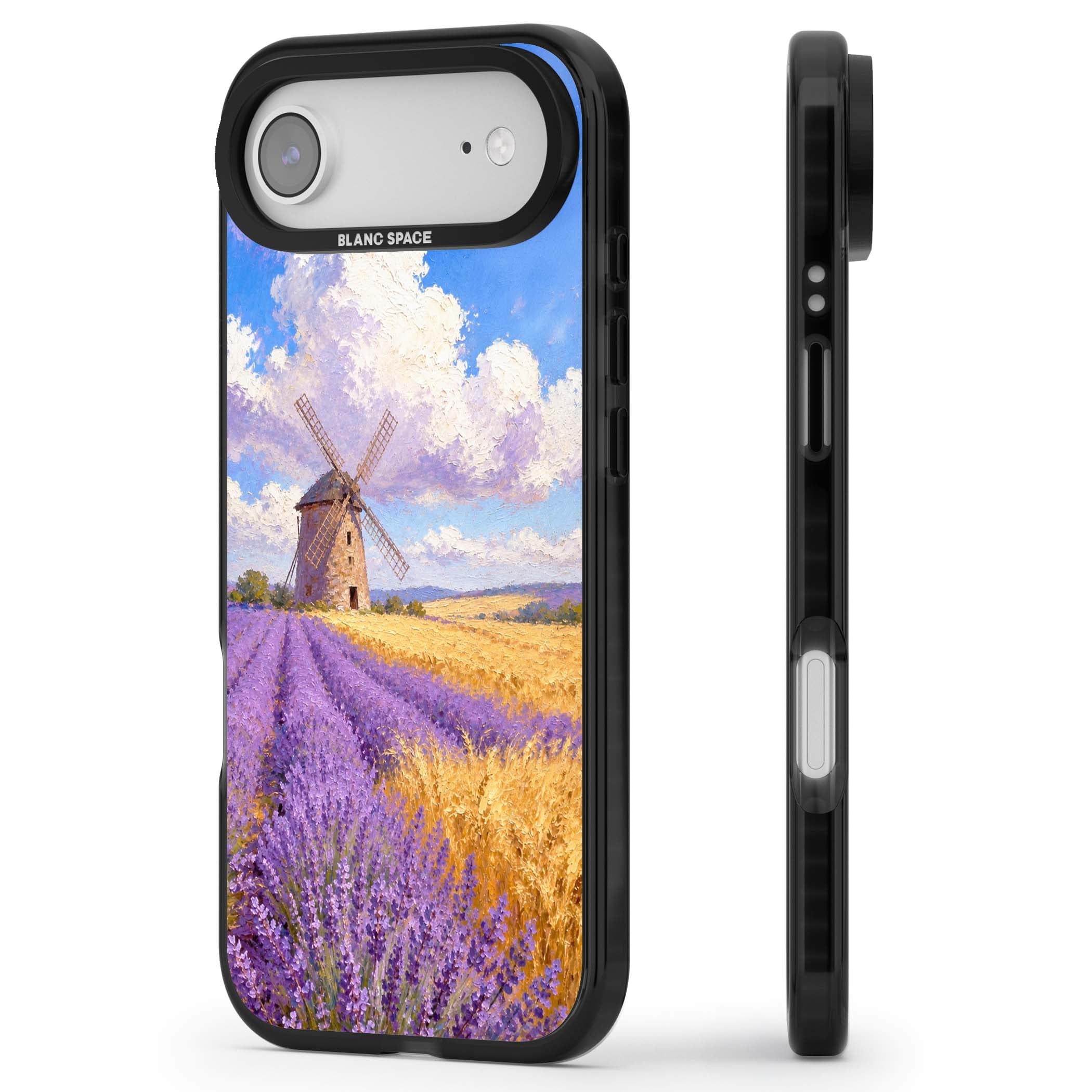 Lavender Mill cottagecore iPhone case featuring a French windmill, lavender field and golden wheat oil painting | Black Impact Magsafe case for iPhone Air