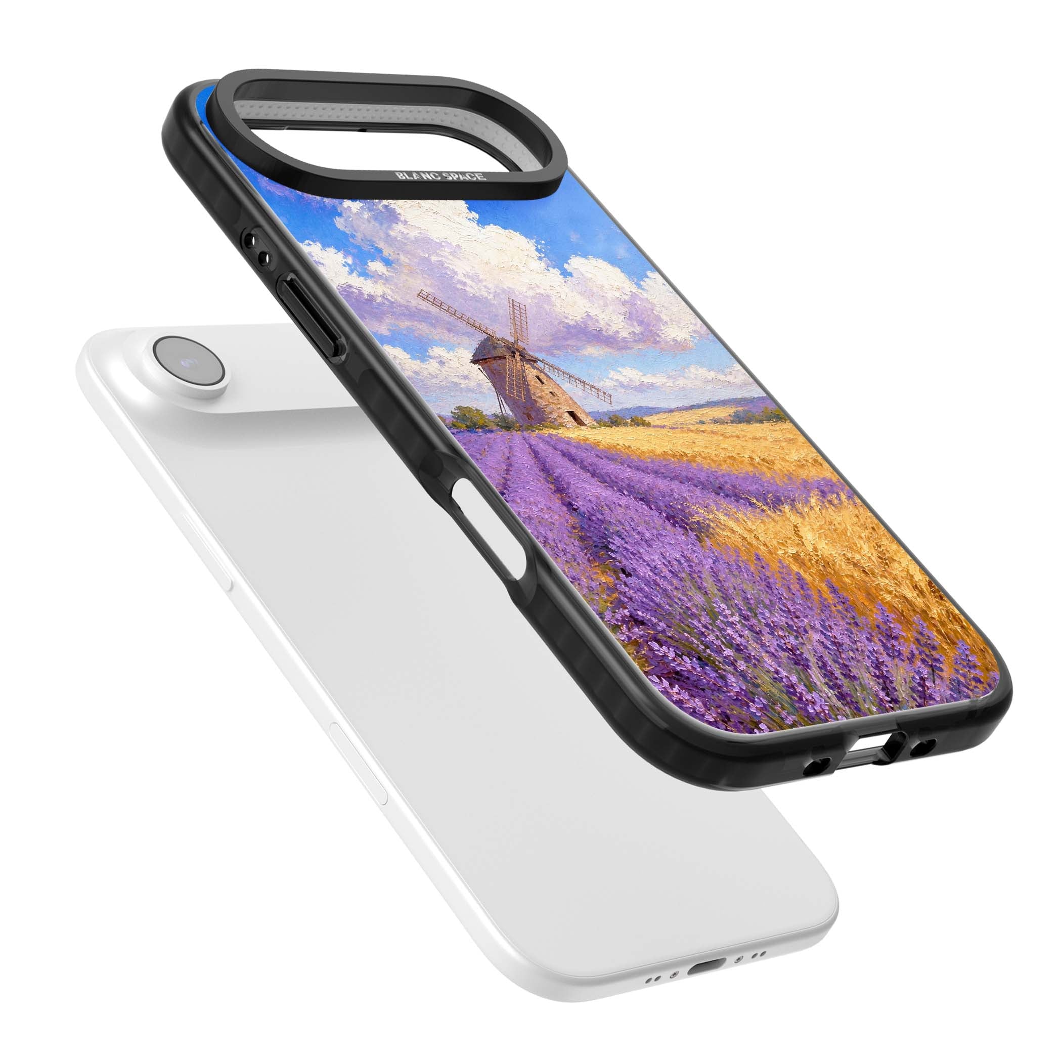 Lavender Mill cottagecore iPhone case featuring a French windmill, lavender field and golden wheat oil painting | Black Impact Magsafe case for iPhone Air