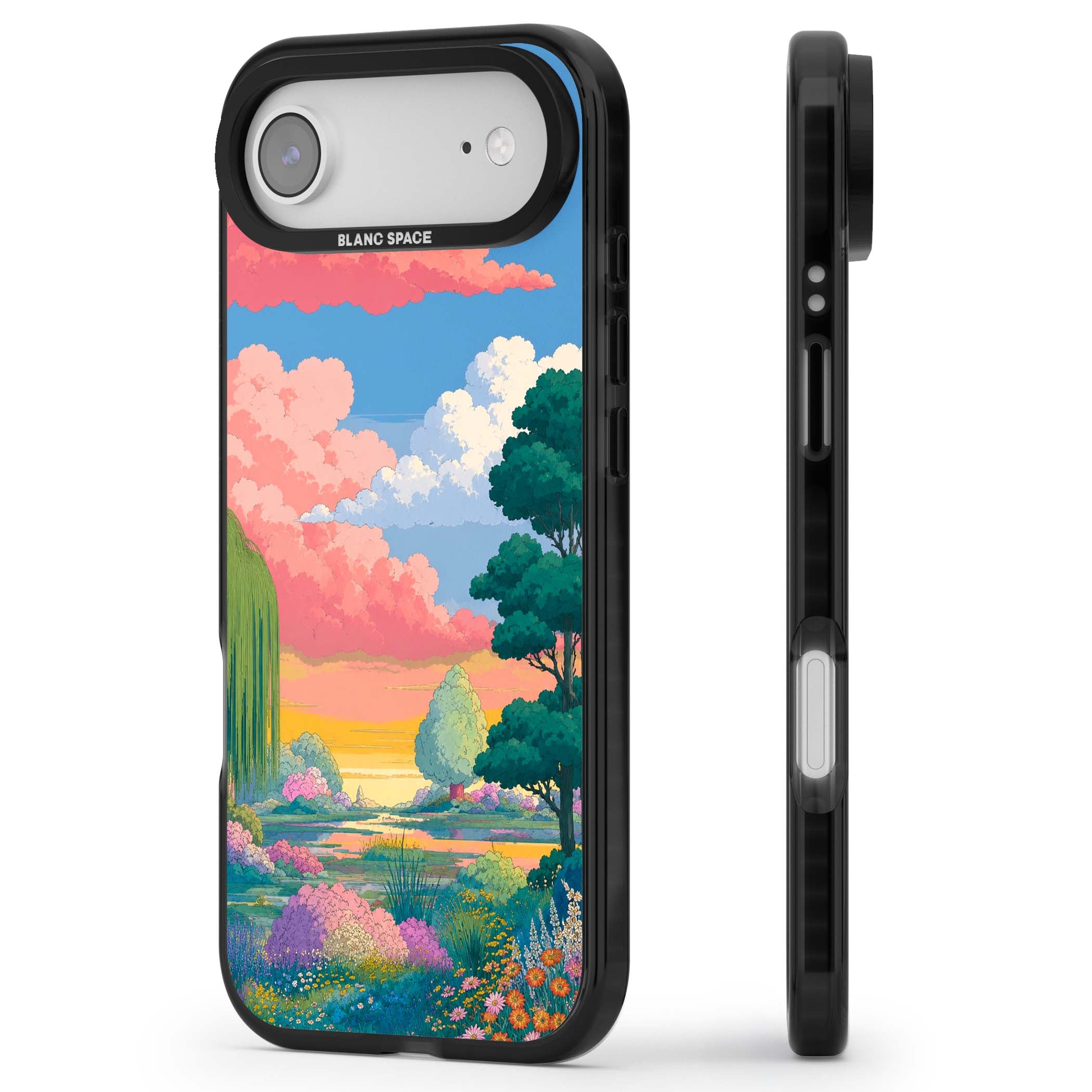 Dream Valley anime landscape iPhone case featuring pink sunset clouds, willow trees and wildflowers | Black Impact Magsafe case for iPhone Air
