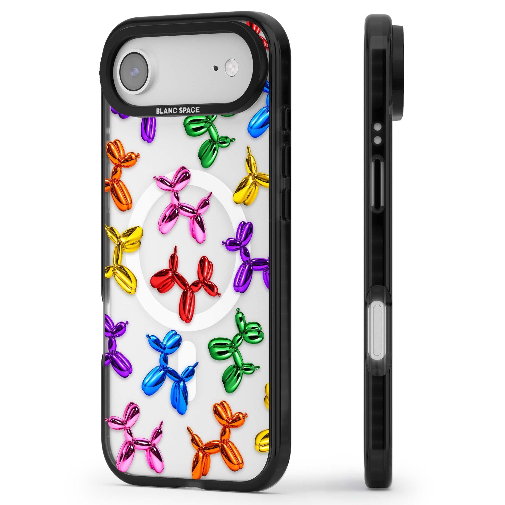 Balloon Dogs pop art iPhone case featuring rainbow chrome balloon dogs in Jeff Koons style | Black Impact Magsafe case for iPhone Air