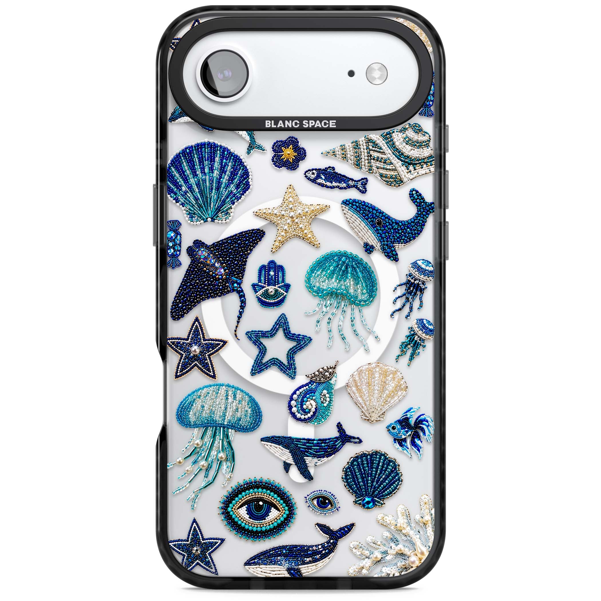 Beaded Coastal coastal iPhone case featuring embroidered seashells, jellyfish and a blue whale on clear | Black Impact Magsafe case for iPhone Air