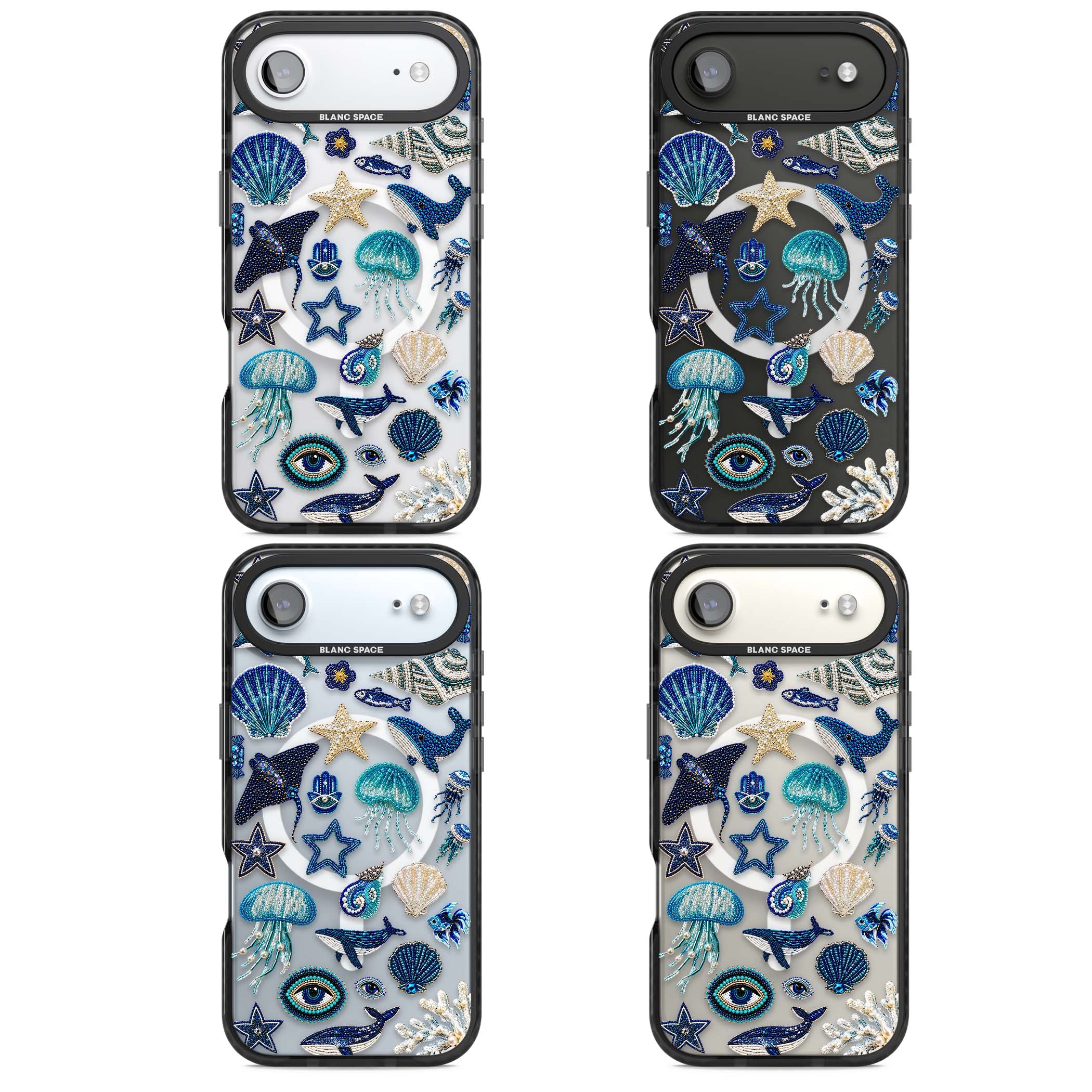 Beaded Coastal coastal iPhone case featuring embroidered seashells, jellyfish and a blue whale on clear | Black Impact Magsafe case for iPhone Air