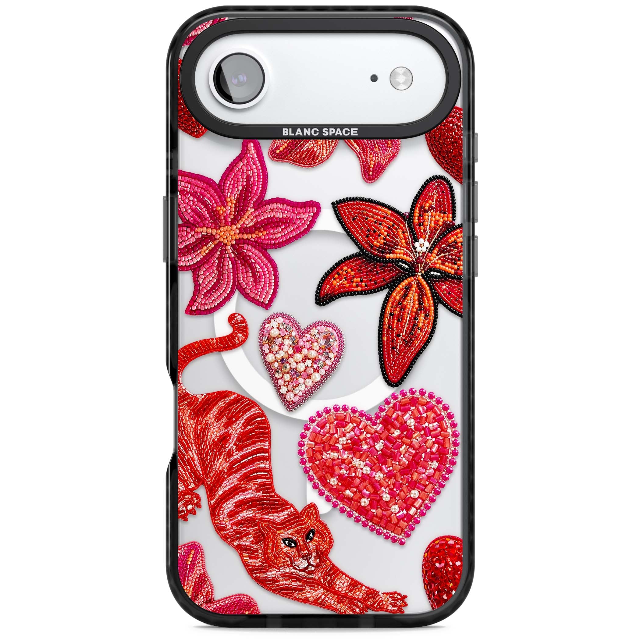 Beaded Boho floral iPhone case featuring beaded red lilies, a stitched tiger, and pearl-encrusted hearts on clear | Black Impact Magsafe case for iPhone Air