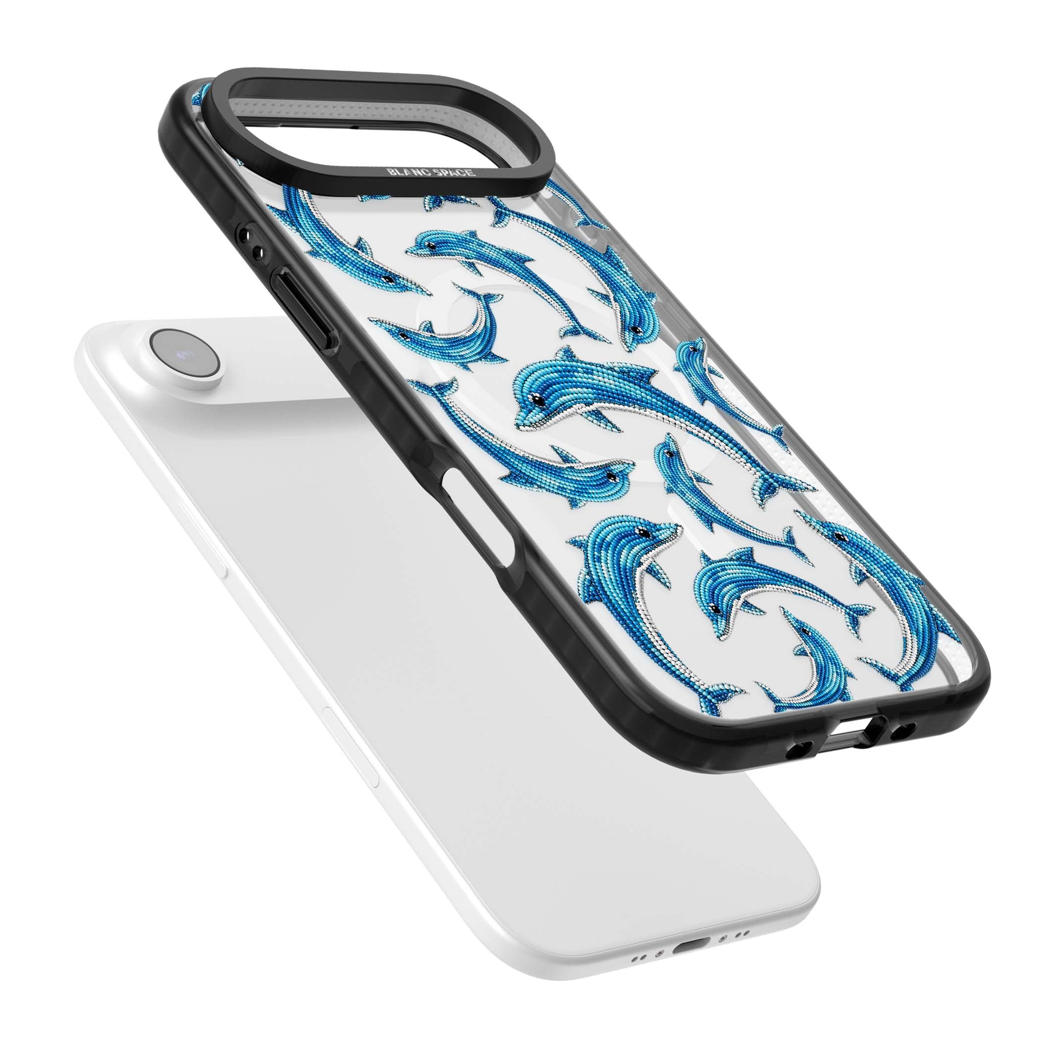 Beaded Dolphins coastal iPhone case featuring beaded dolphins in blue and white swimming across a clear background | Black Impact Magsafe case for iPhone Air