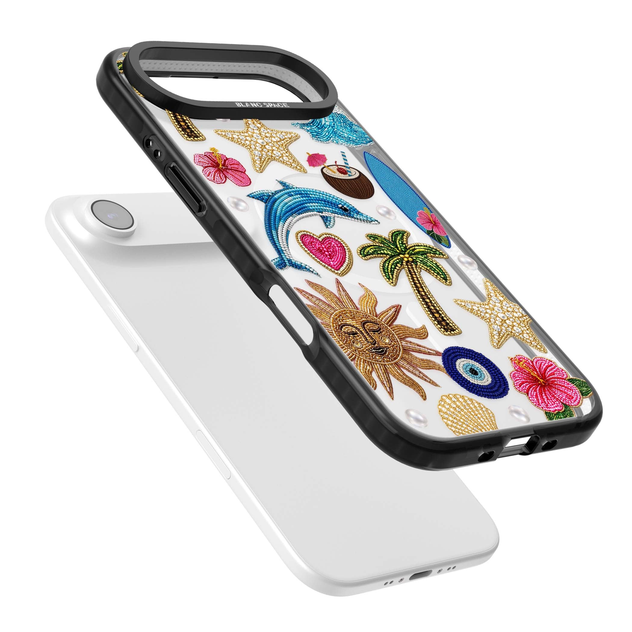 Beaded Beach coastal summer iPhone case featuring embroidered evil eye, hibiscus flowers, dolphin and palm tree patches | Black Impact Magsafe case for iPhone Air