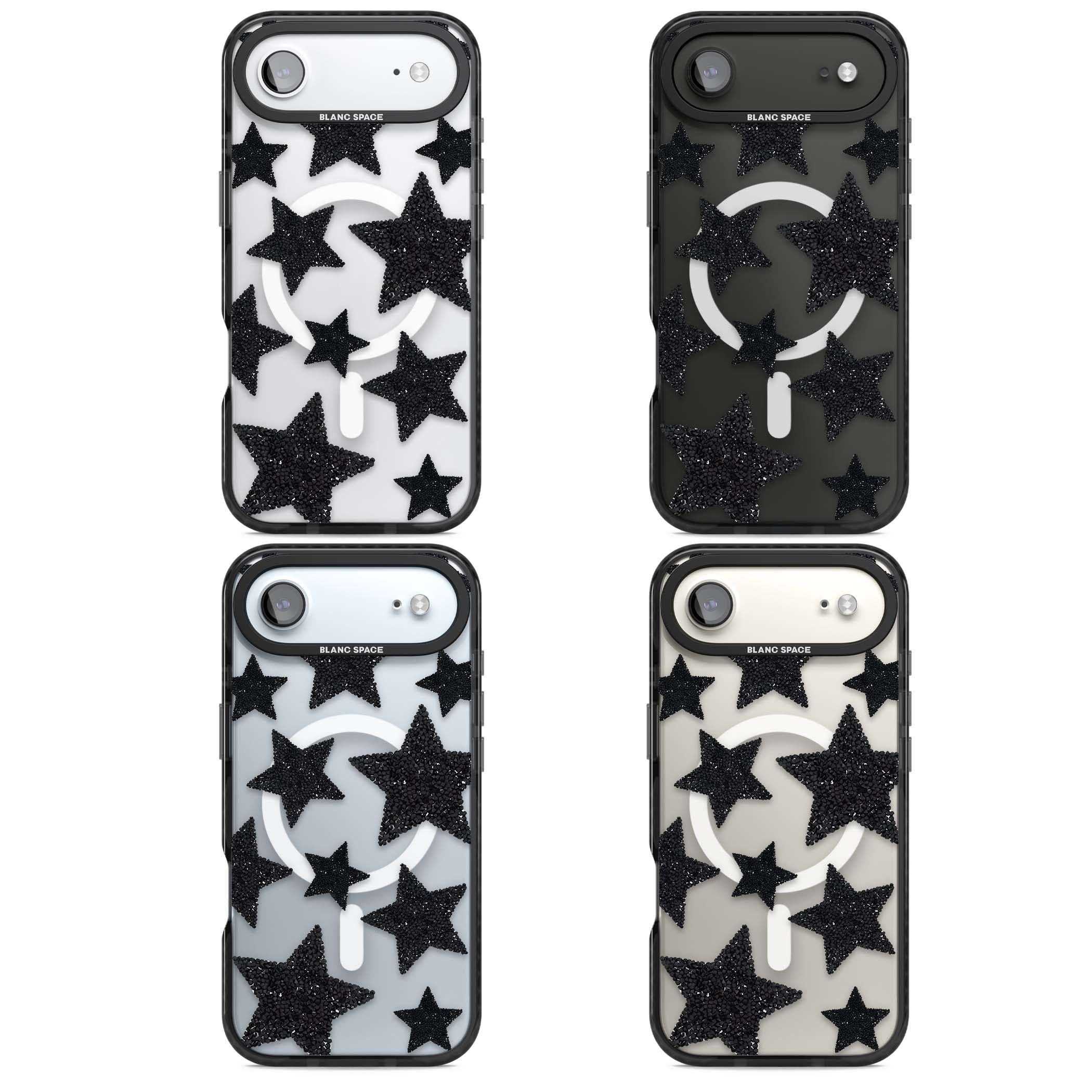 Beaded Black Stars celestial iPhone case featuring black glitter beaded stars scattered on a clear background | Black Impact Magsafe case for iPhone Air
