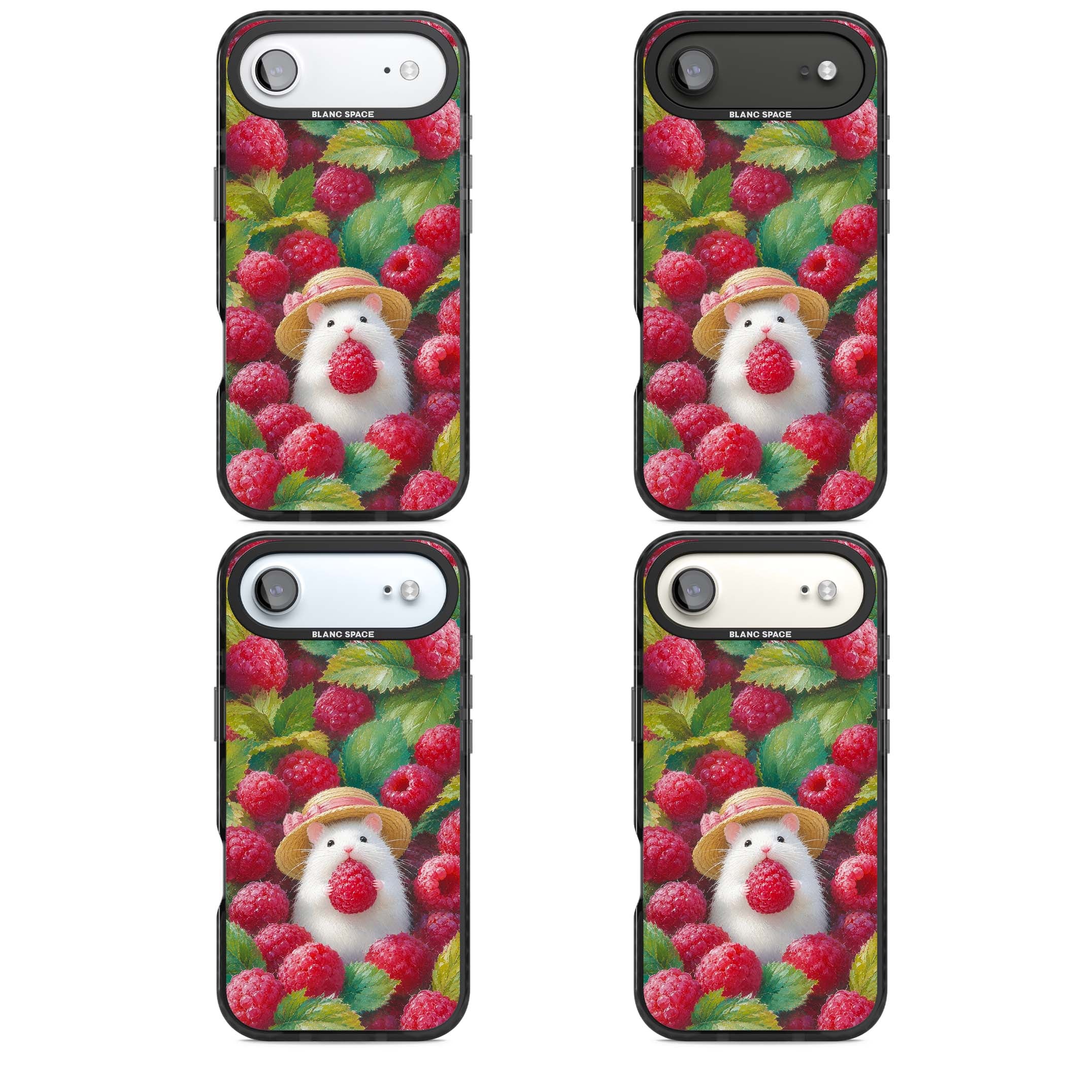Berry Forager cottagecore iPhone case featuring a white hamster in a straw hat holding a raspberry surrounded by ripe ber | Black Impact Magsafe case for iPhone Air