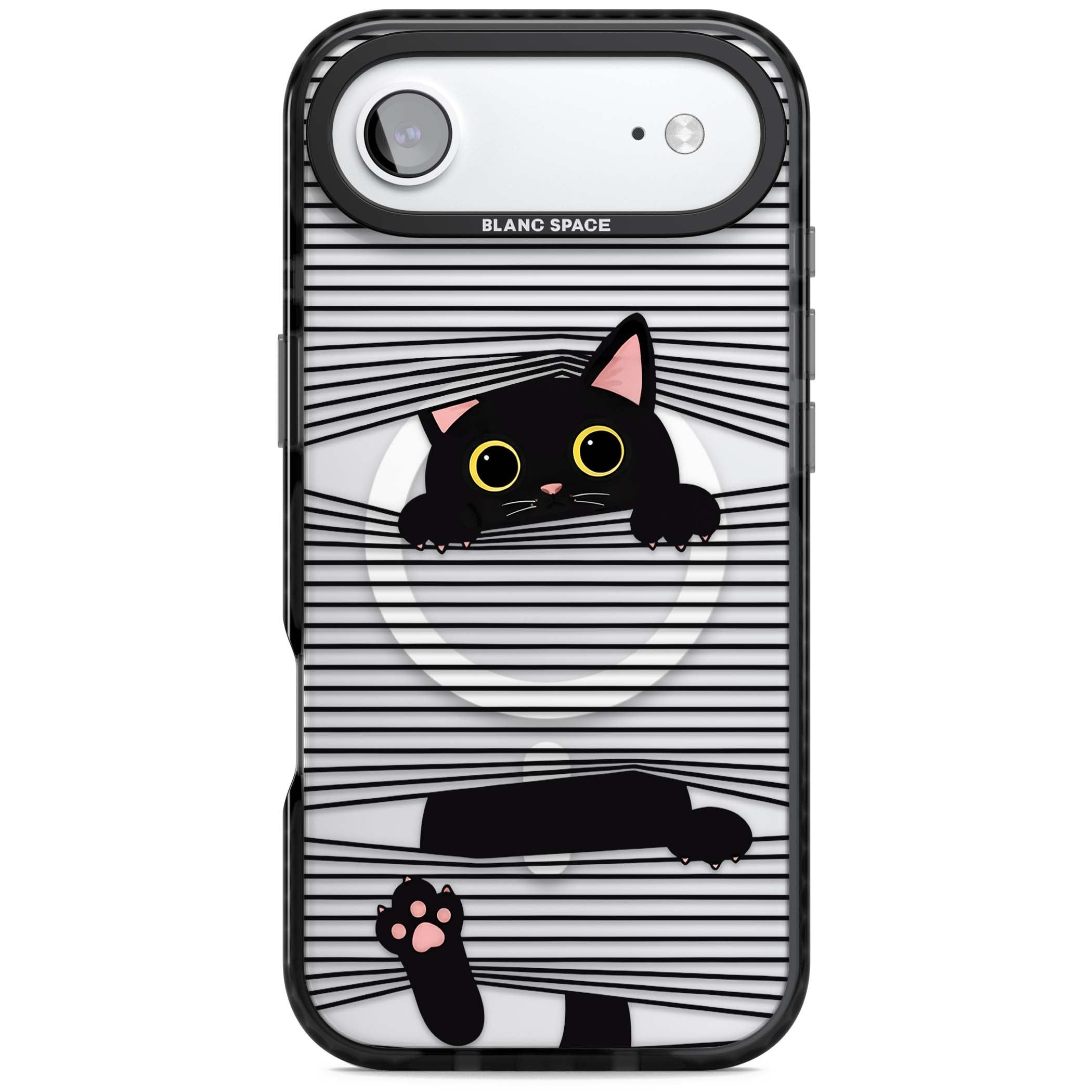 Peek-a-Boo Cat minimal iPhone case featuring black cat peeking through horizontal black and white stripes | Black Impact Magsafe case for iPhone Air