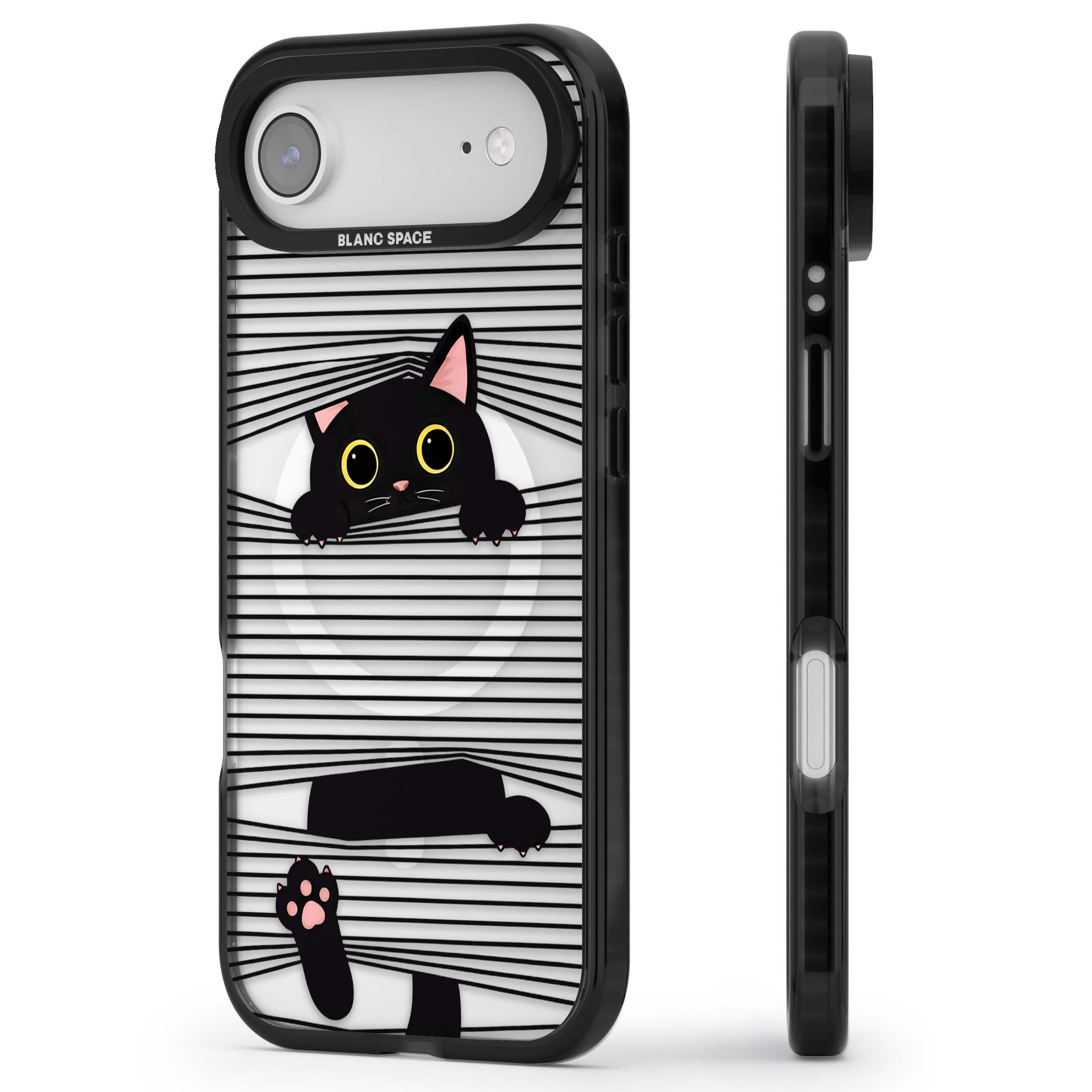 Peek-a-Boo Cat minimal iPhone case featuring black cat peeking through horizontal black and white stripes | Black Impact Magsafe case for iPhone Air
