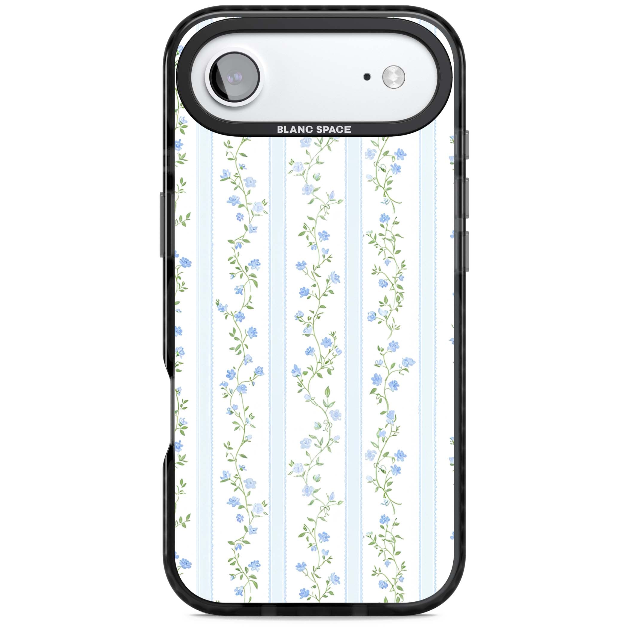 Bluebell Vine cottagecore iPhone case featuring climbing blue roses, trailing green vines, and pale ticking stripes | Black Impact Magsafe case for iPhone Air
