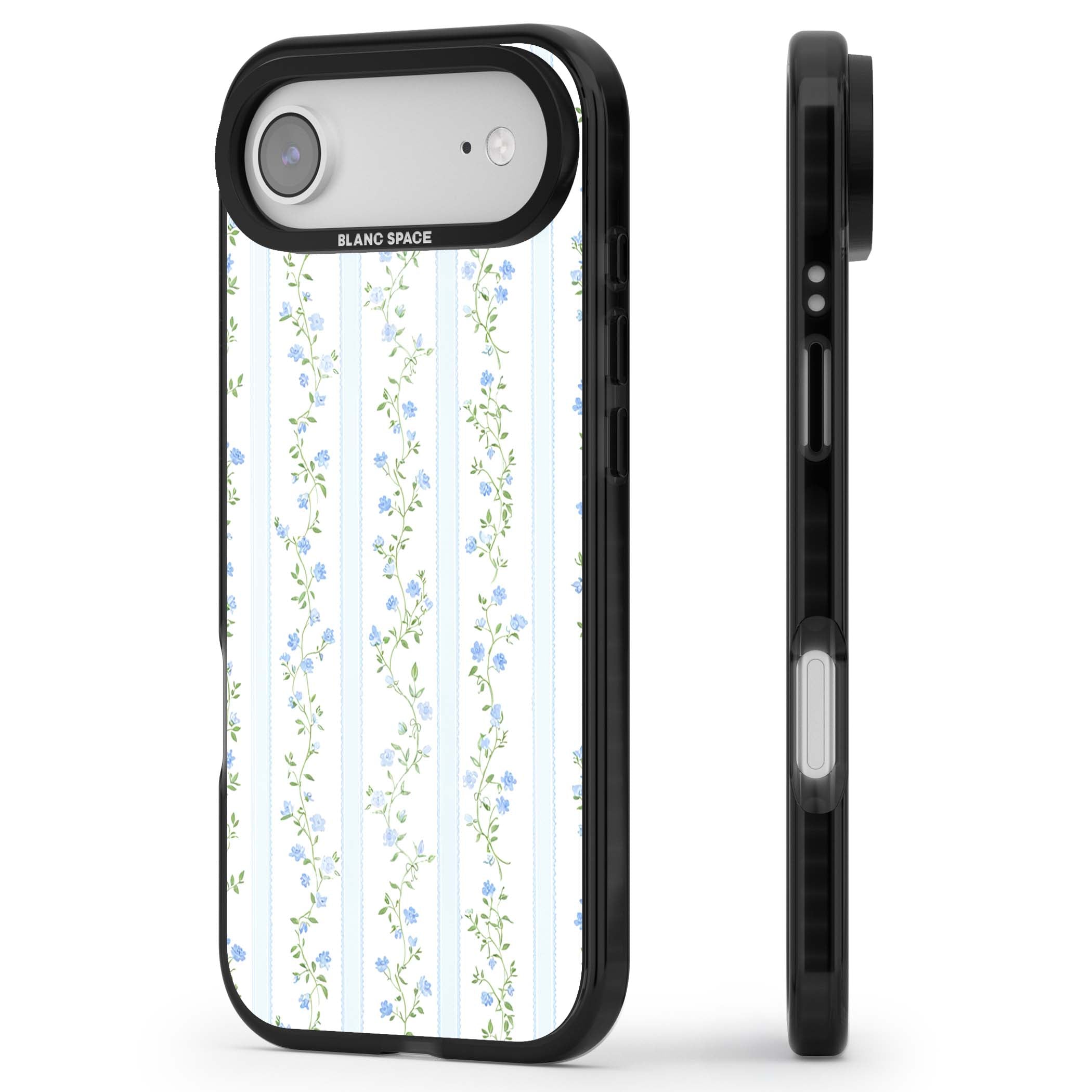 Bluebell Vine cottagecore iPhone case featuring climbing blue roses, trailing green vines, and pale ticking stripes | Black Impact Magsafe case for iPhone Air