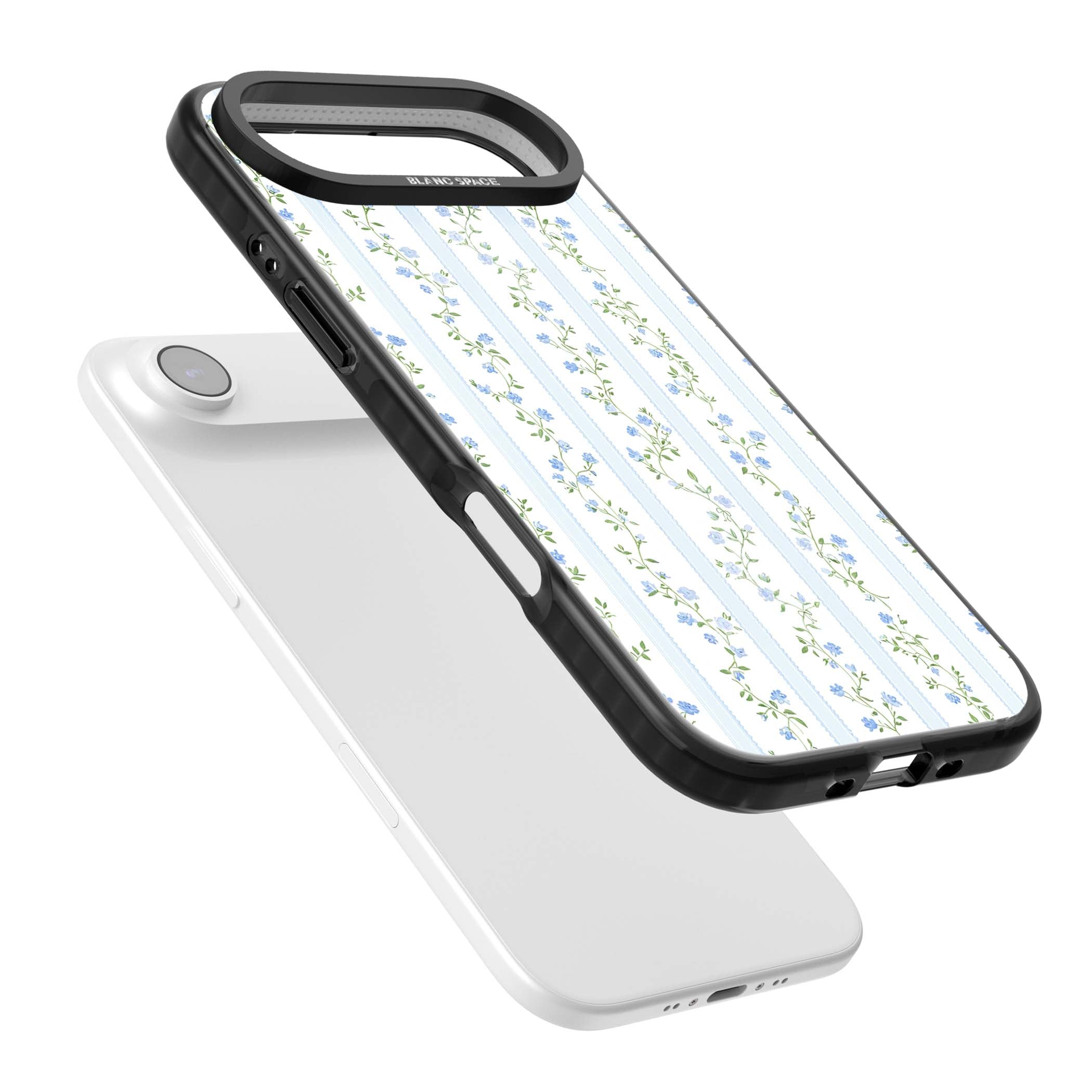 Bluebell Vine cottagecore iPhone case featuring climbing blue roses, trailing green vines, and pale ticking stripes | Black Impact Magsafe case for iPhone Air