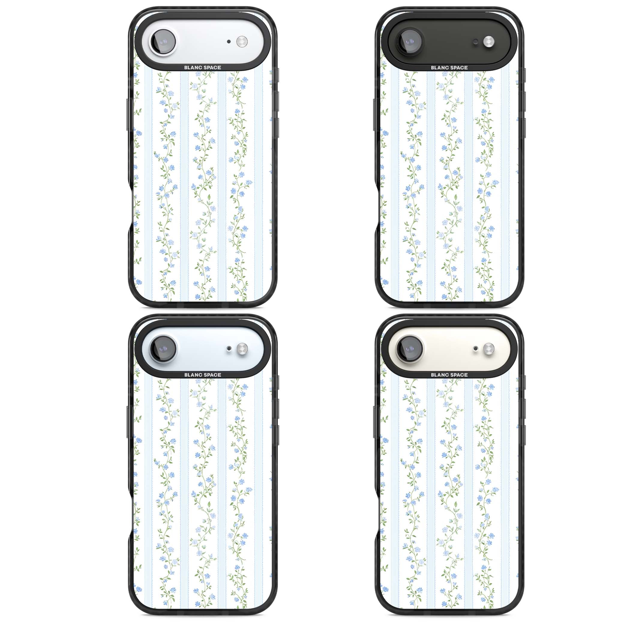 Bluebell Vine cottagecore iPhone case featuring climbing blue roses, trailing green vines, and pale ticking stripes | Black Impact Magsafe case for iPhone Air