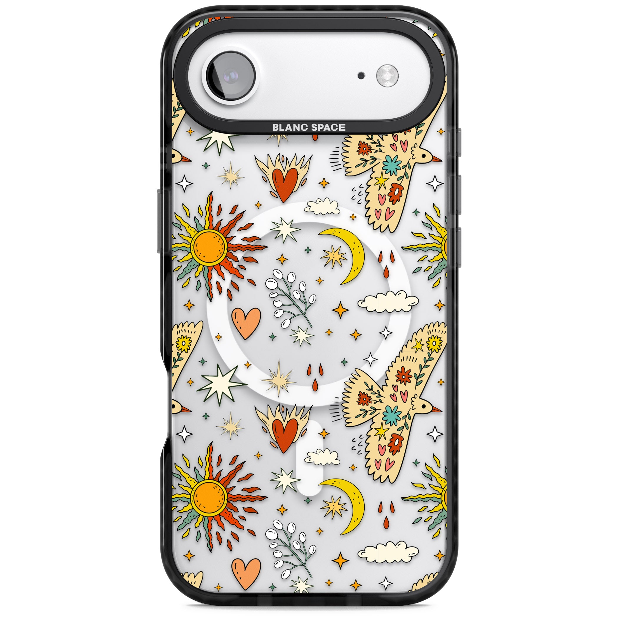 Boho Celestial Floral Bird Sun iPhone 17 Air Impact Pro Black Phone Case