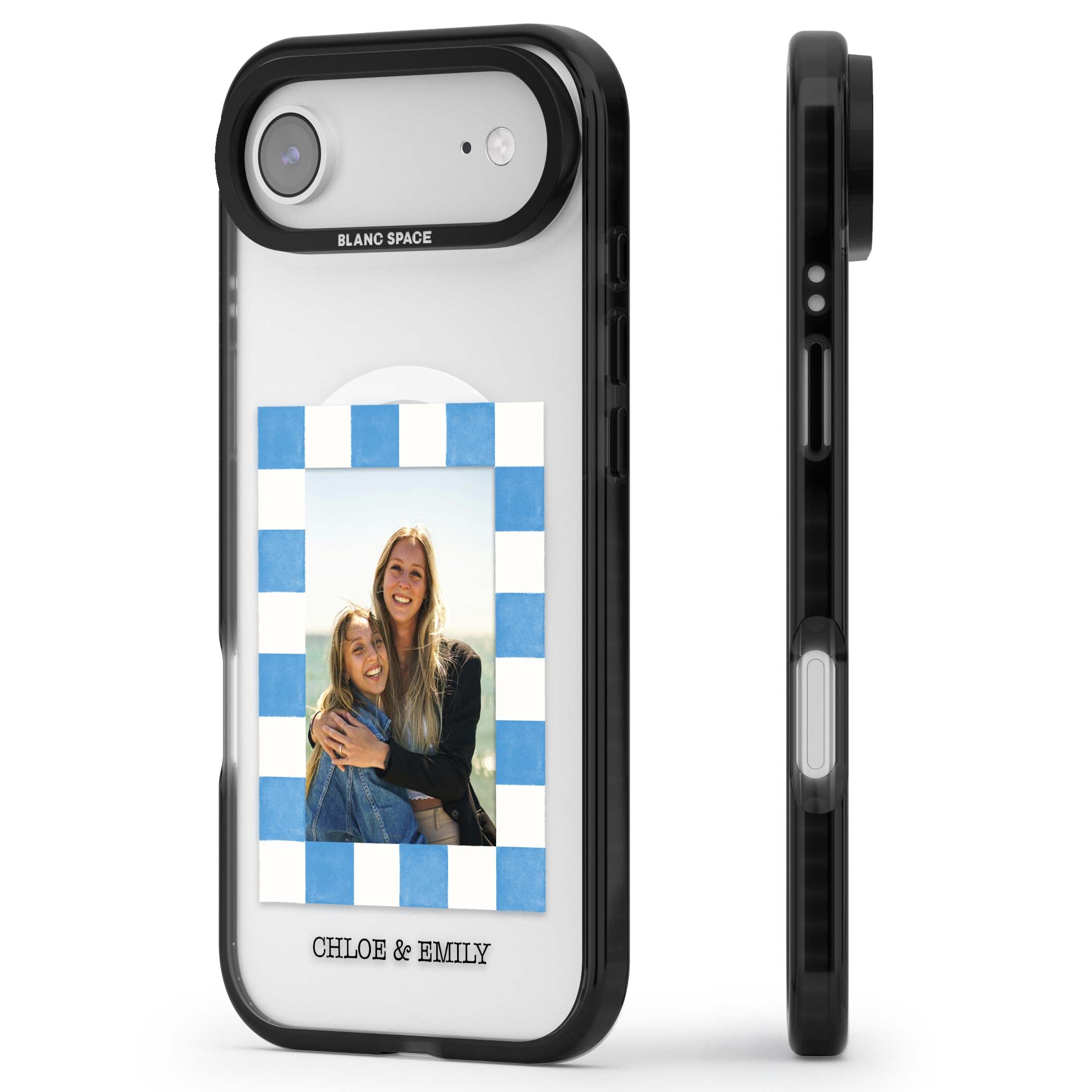 Blue Check Photo personalised photo iPhone case with blue checkered frame and custom couple names | Black Impact Magsafe case for iPhone Air