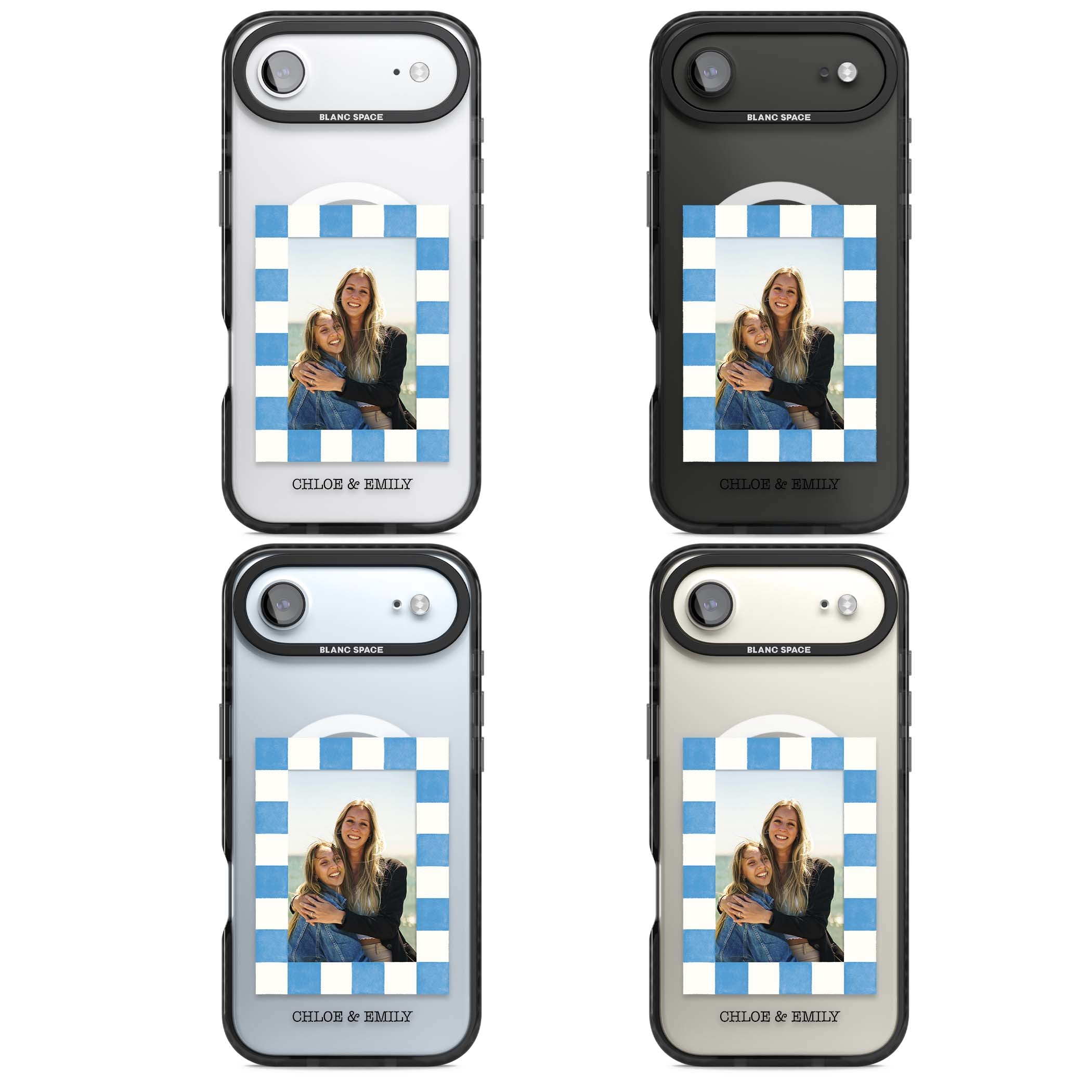 Blue Check Photo personalised photo iPhone case with blue checkered frame and custom couple names | Black Impact Magsafe case for iPhone Air