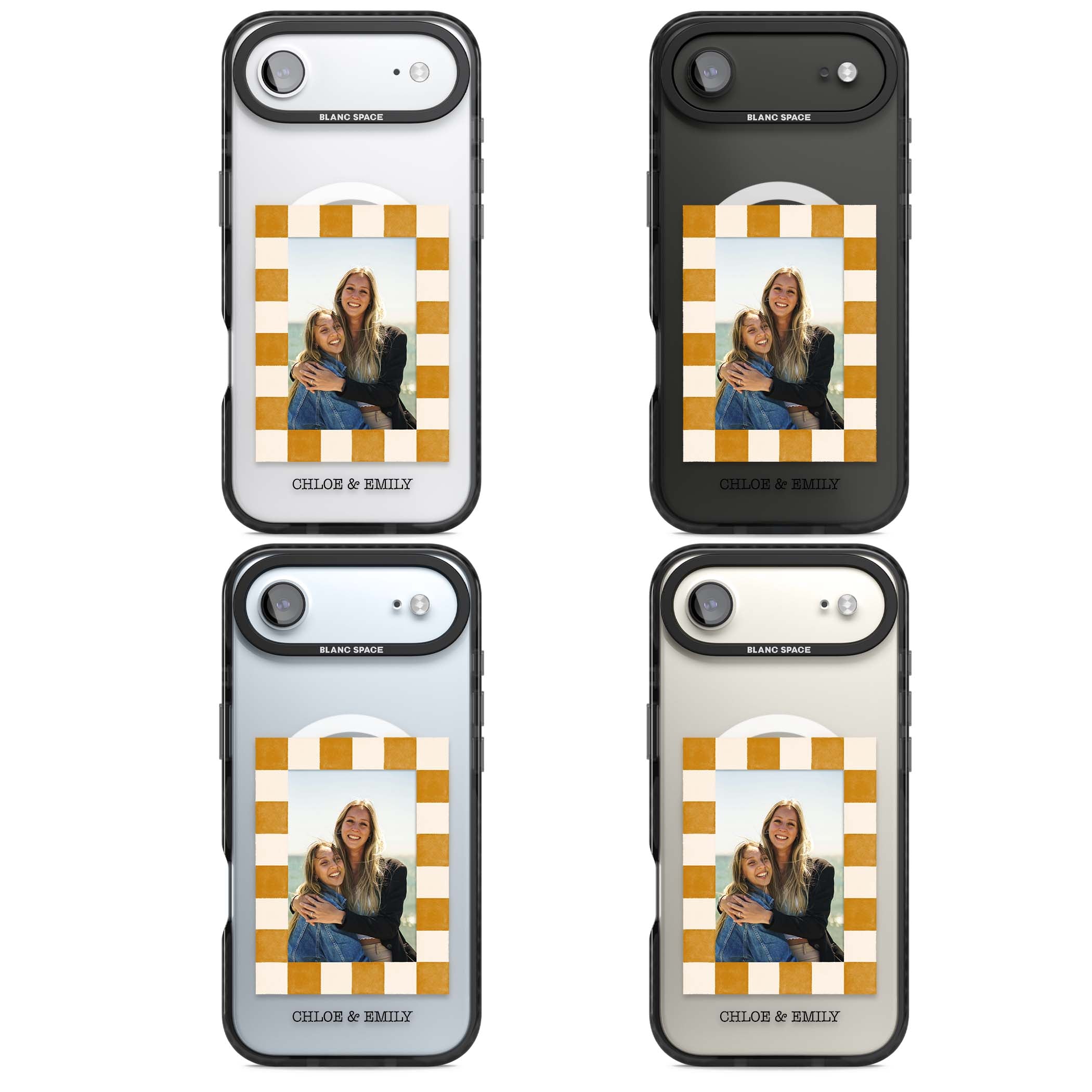Citrus Check Photo personalised iPhone case with custom photo, orange checkered frame and names underneath | Black Impact Magsafe case for iPhone Air