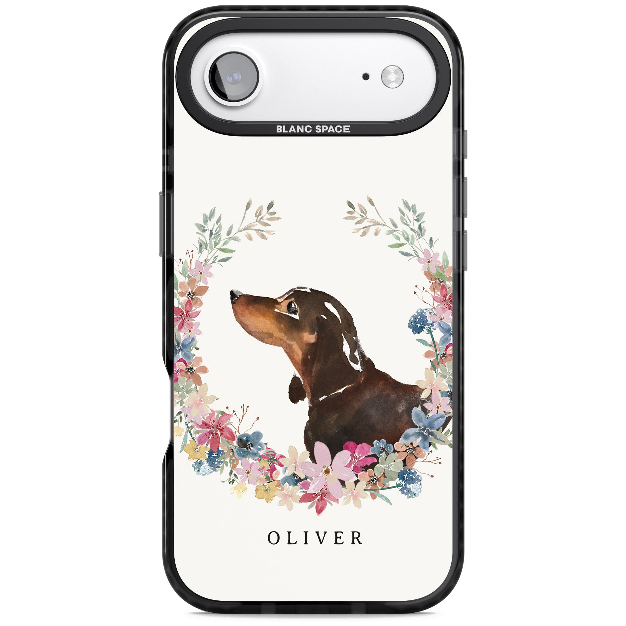 Personalised Black & Tan Dachshund Floral Portrait iPhone 17 Air Impact Pro Black Phone Case