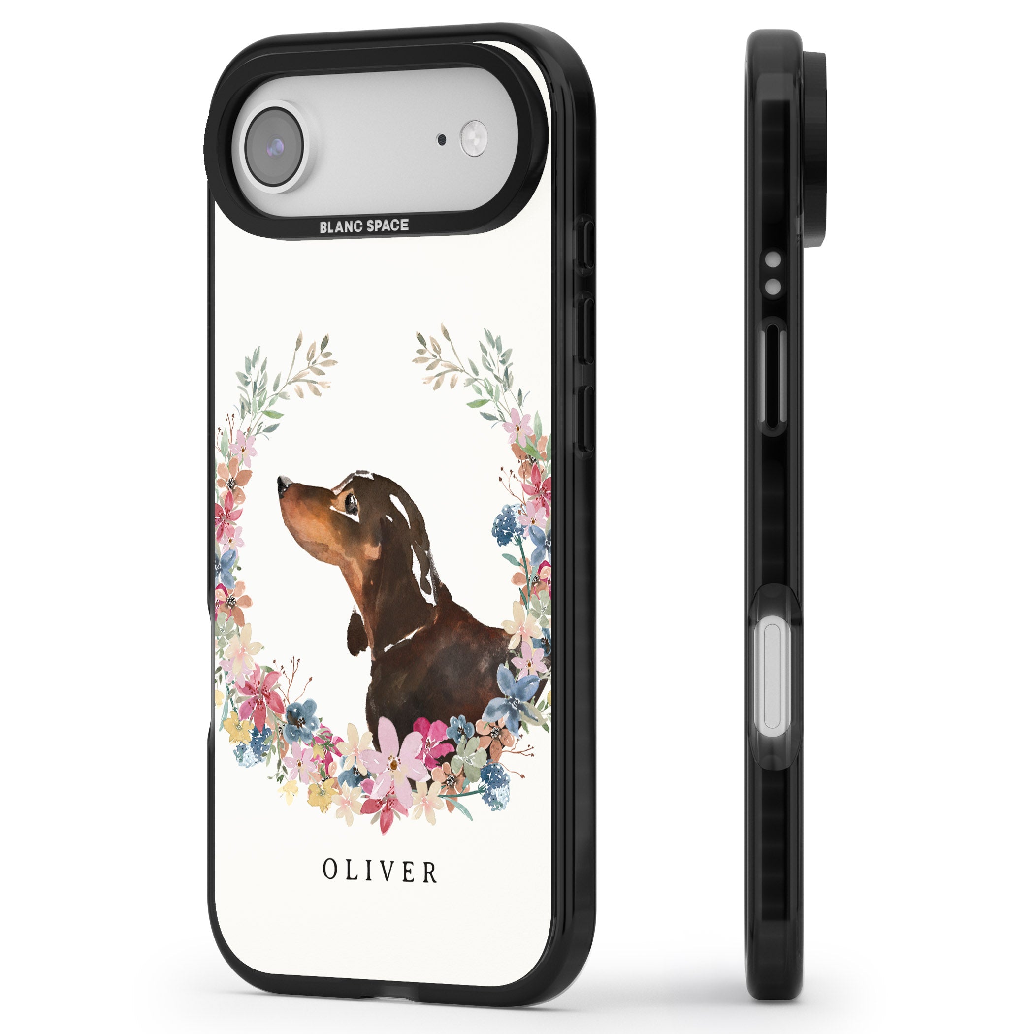 Personalised Black & Tan Dachshund Floral Portrait iPhone 17 Air Impact Pro Black Phone Case Side Profile