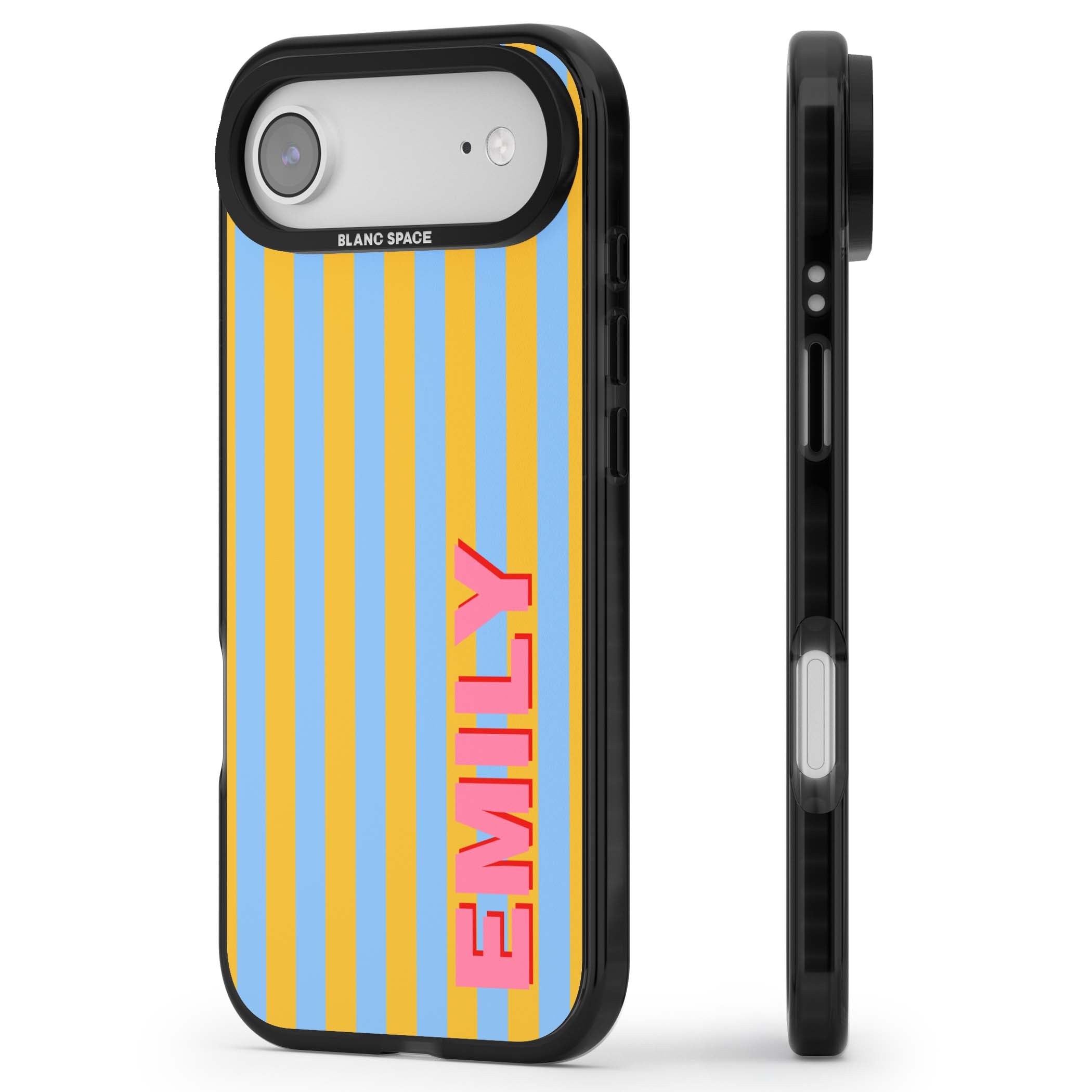 Carribean Stripe personalised coastal iPhone case with yellow and blue vertical stripes and a custom pink name | Black Impact Magsafe case for iPhone Air