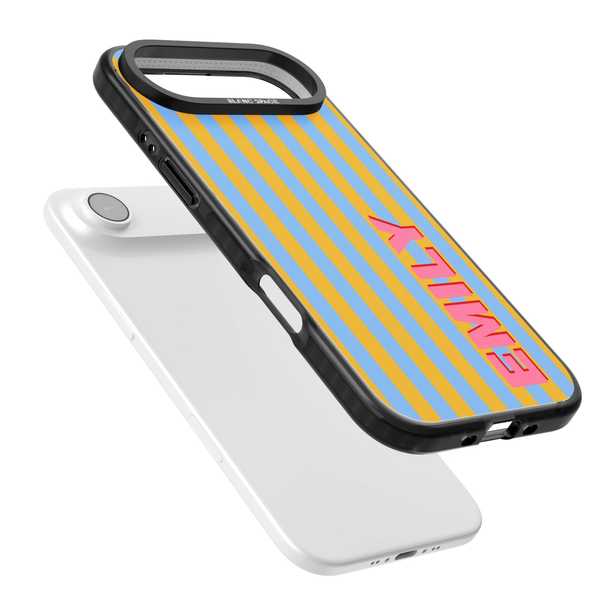 Carribean Stripe personalised coastal iPhone case with yellow and blue vertical stripes and a custom pink name | Black Impact Magsafe case for iPhone Air