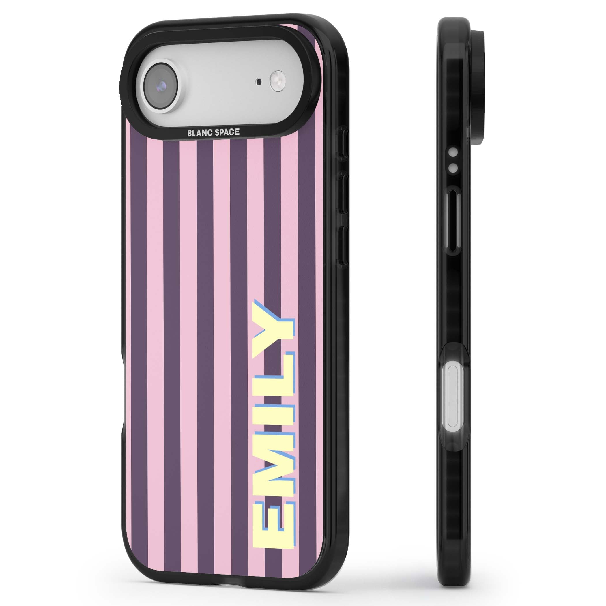 Tyre Stripe personalised stripe iPhone case with plum and pink vertical stripes and custom yellow name | Black Impact Magsafe case for iPhone Air