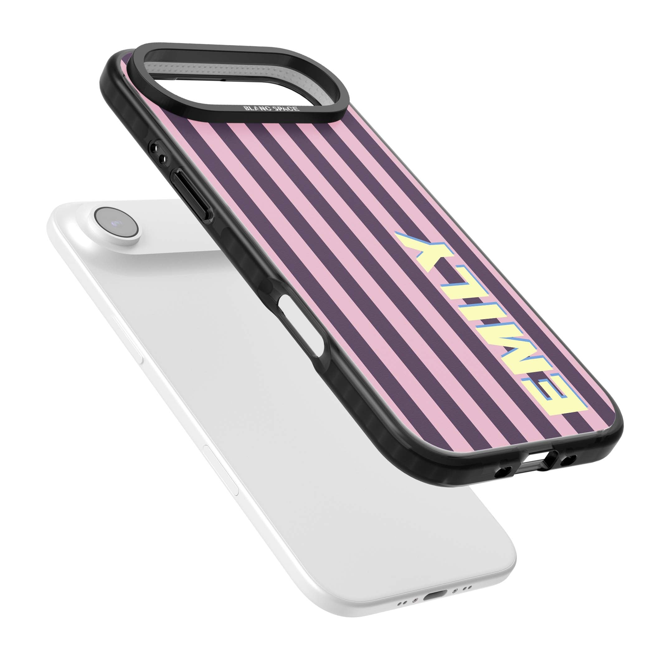 Tyre Stripe personalised stripe iPhone case with plum and pink vertical stripes and custom yellow name | Black Impact Magsafe case for iPhone Air