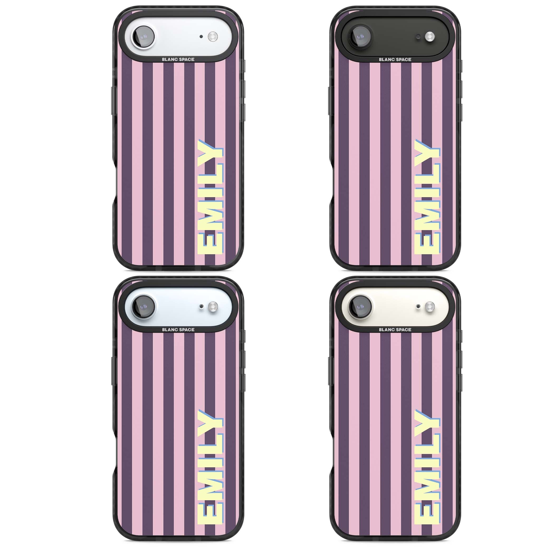 Tyre Stripe personalised stripe iPhone case with plum and pink vertical stripes and custom yellow name | Black Impact Magsafe case for iPhone Air