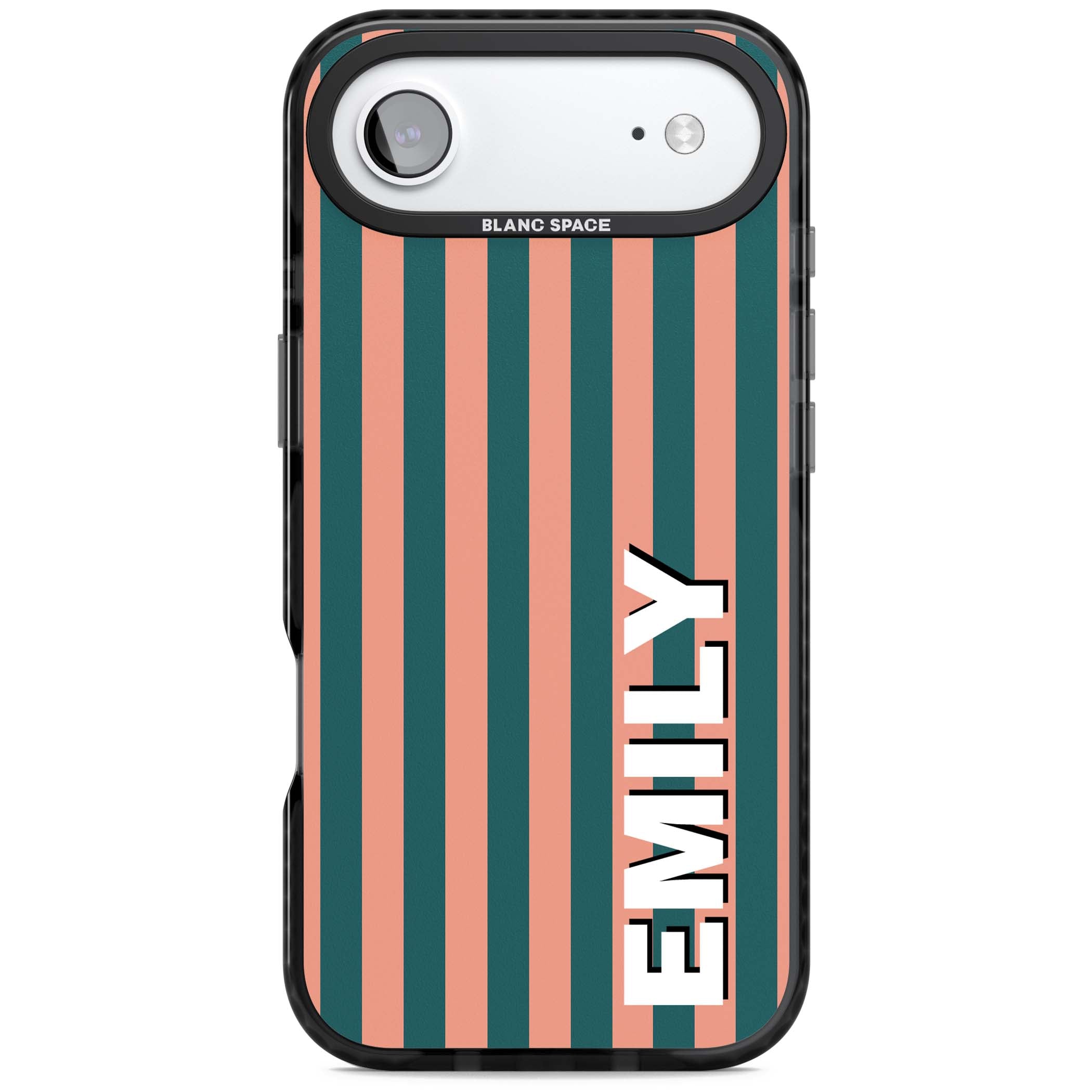 Tuscan Stripe personalised iPhone case featuring coral and green vertical stripes with bold custom name | Black Impact Magsafe case for iPhone Air