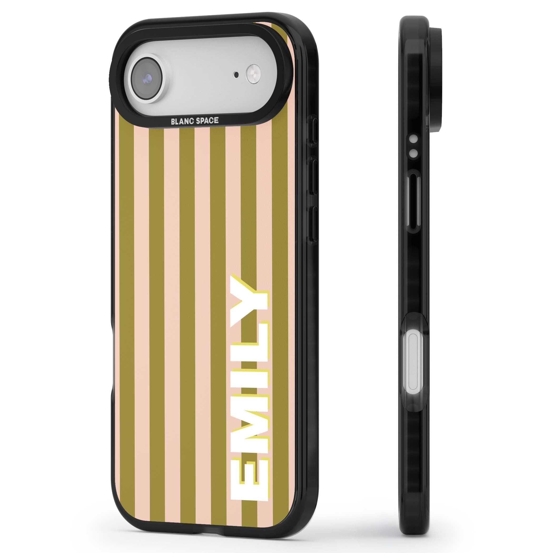 Indian Stripe personalised iPhone case featuring olive green and blush pink vertical stripes with custom name in whit | Black Impact Magsafe case for iPhone Air