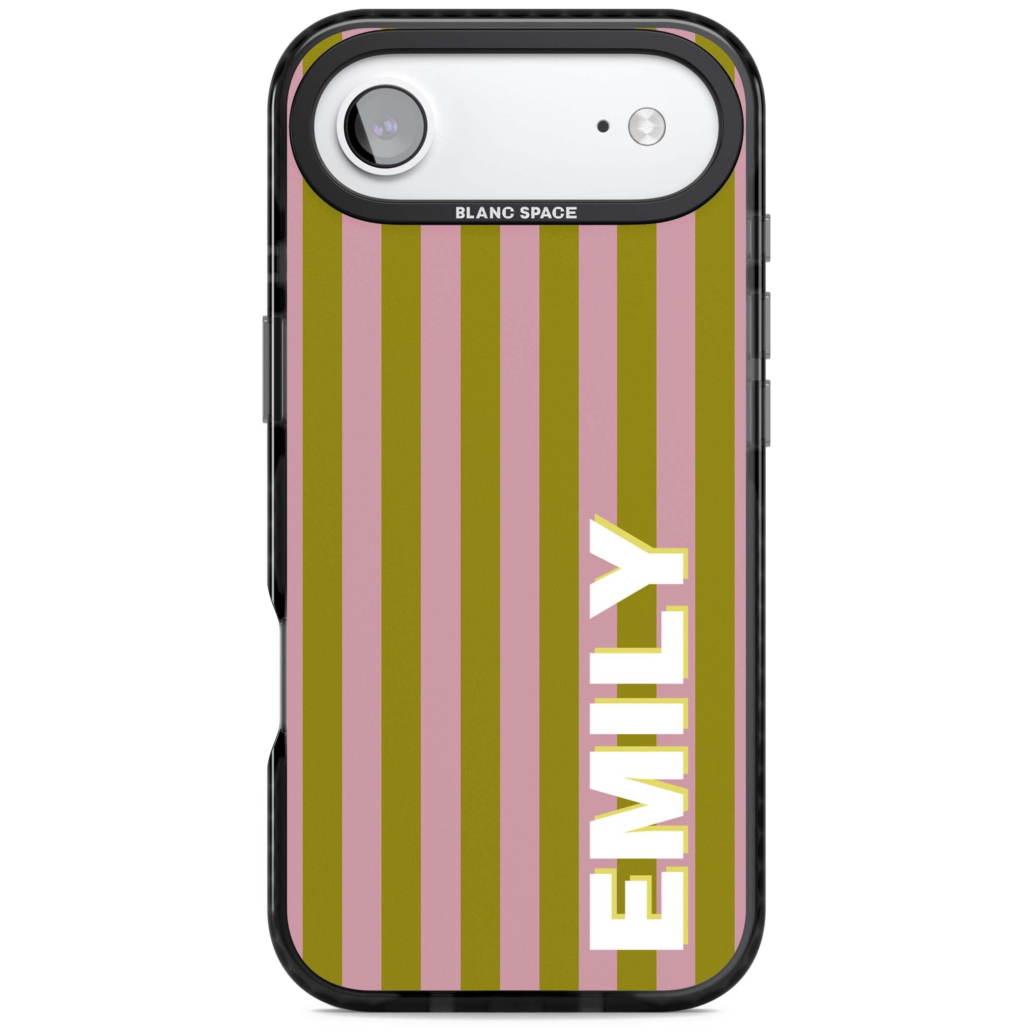 Istanbul Stripe personalised iPhone case featuring pink and olive green vertical stripes with a custom vertical name | Black Impact Magsafe case for iPhone Air