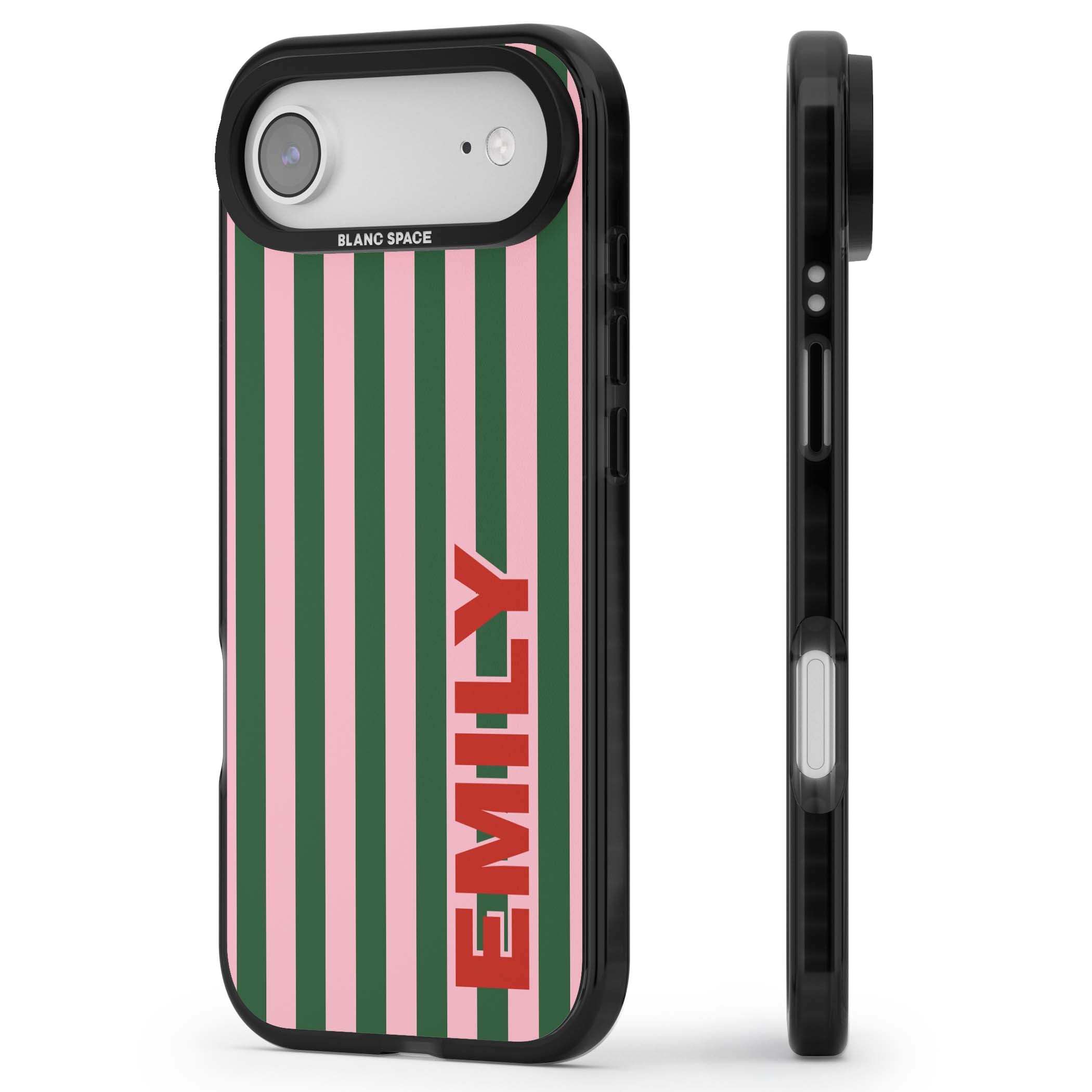 Italian Stripe preppy iPhone case featuring pink and green vertical stripes with personalised red name | Black Impact Magsafe case for iPhone Air