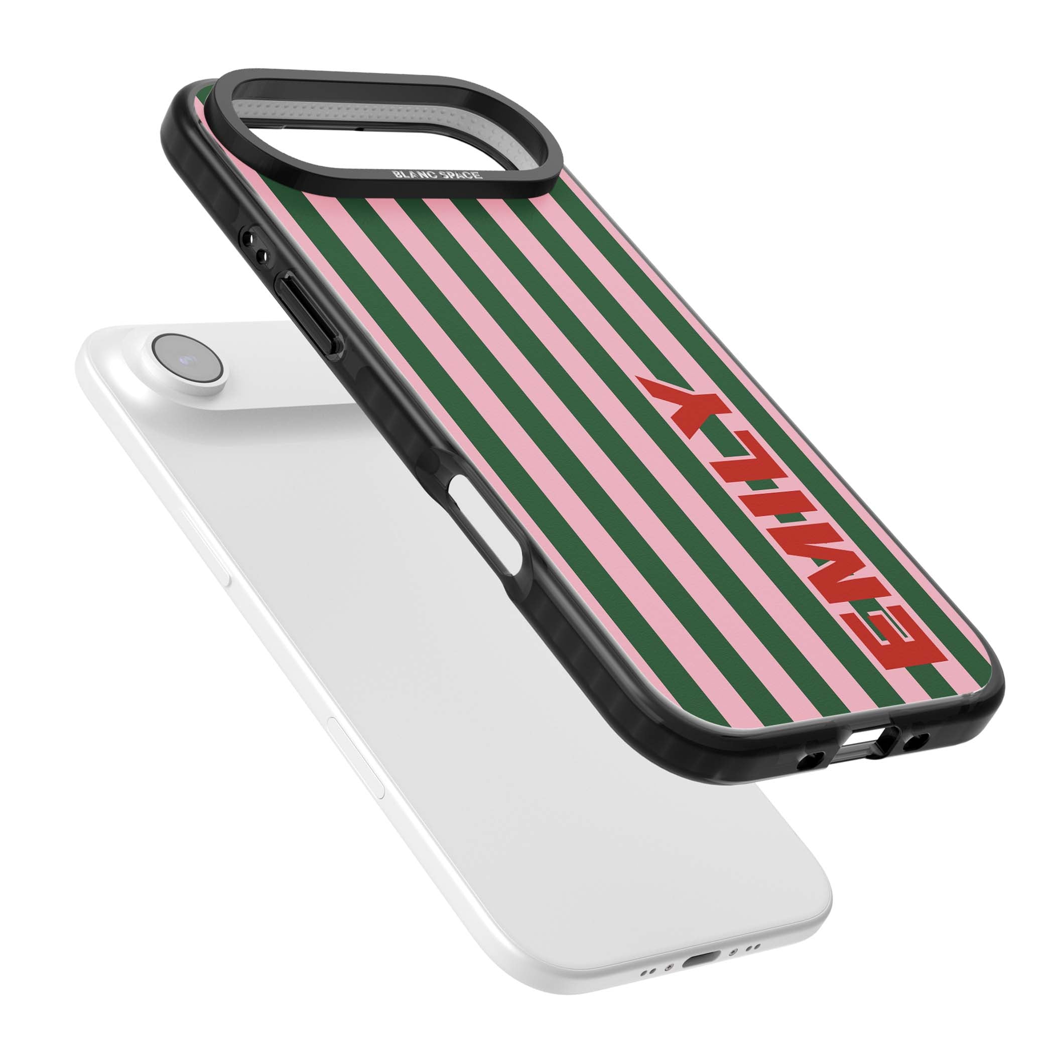 Italian Stripe preppy iPhone case featuring pink and green vertical stripes with personalised red name | Black Impact Magsafe case for iPhone Air