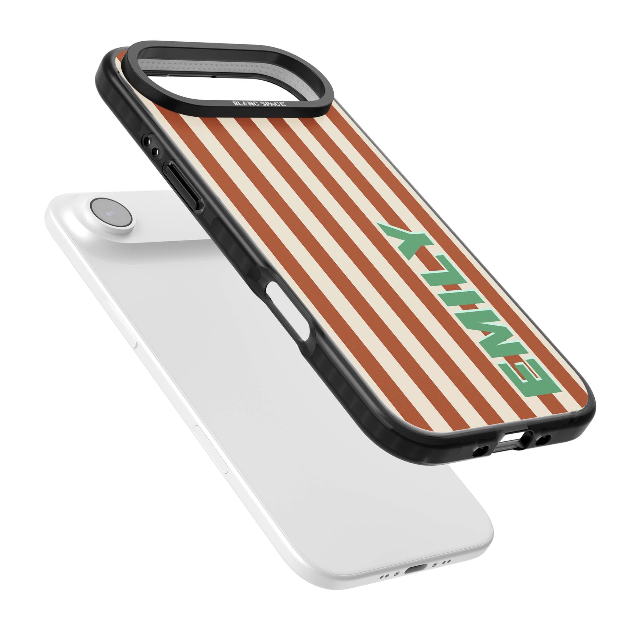 Dune Stripe personalised iPhone case with rust and cream vertical stripes and custom name in mint green | Black Impact Magsafe case for iPhone Air